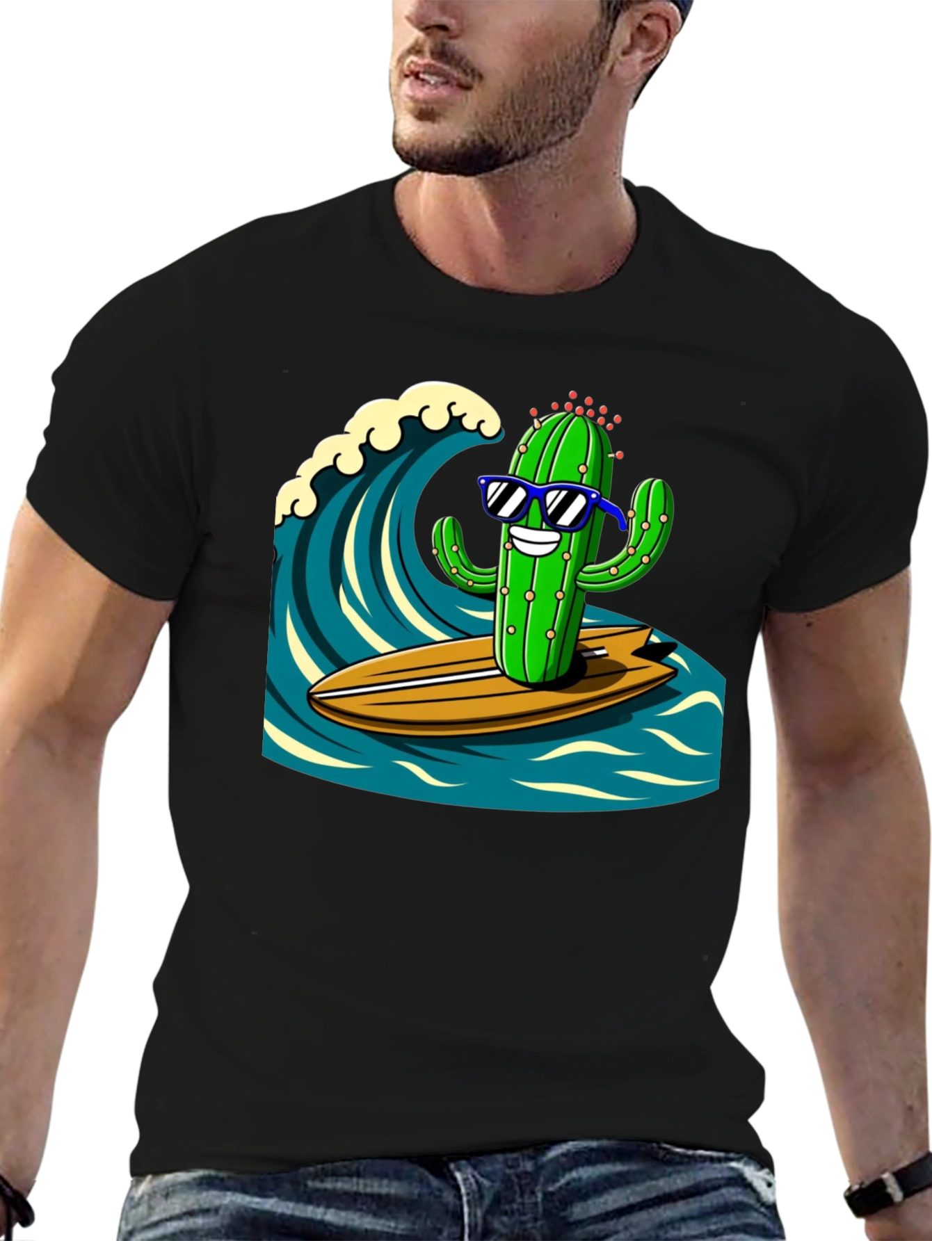 Black Surfing Cactus Graphic Tee - Mens Black T-Shirt view 6