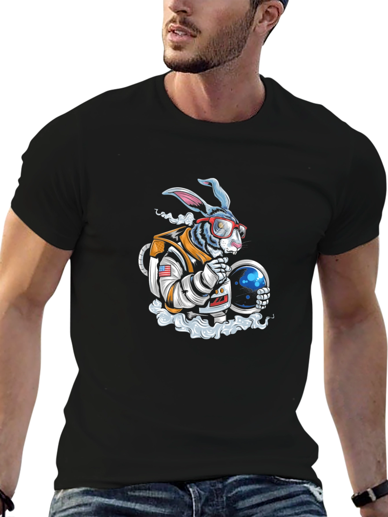 Black Astronaut Rabbit Graphic T-Shirt - Space Adventure Tee view 6