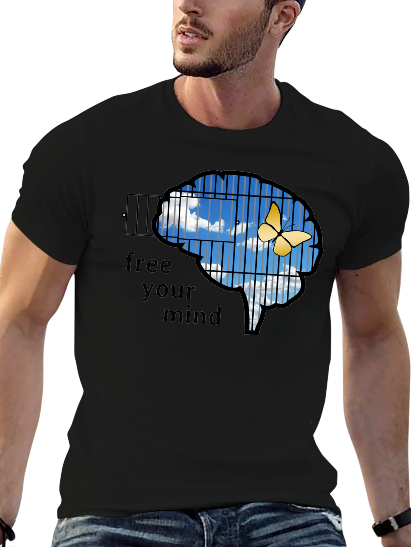 Black Free Your Mind T-Shirt: Brain Cage & Butterfly Graphic Tee view 6