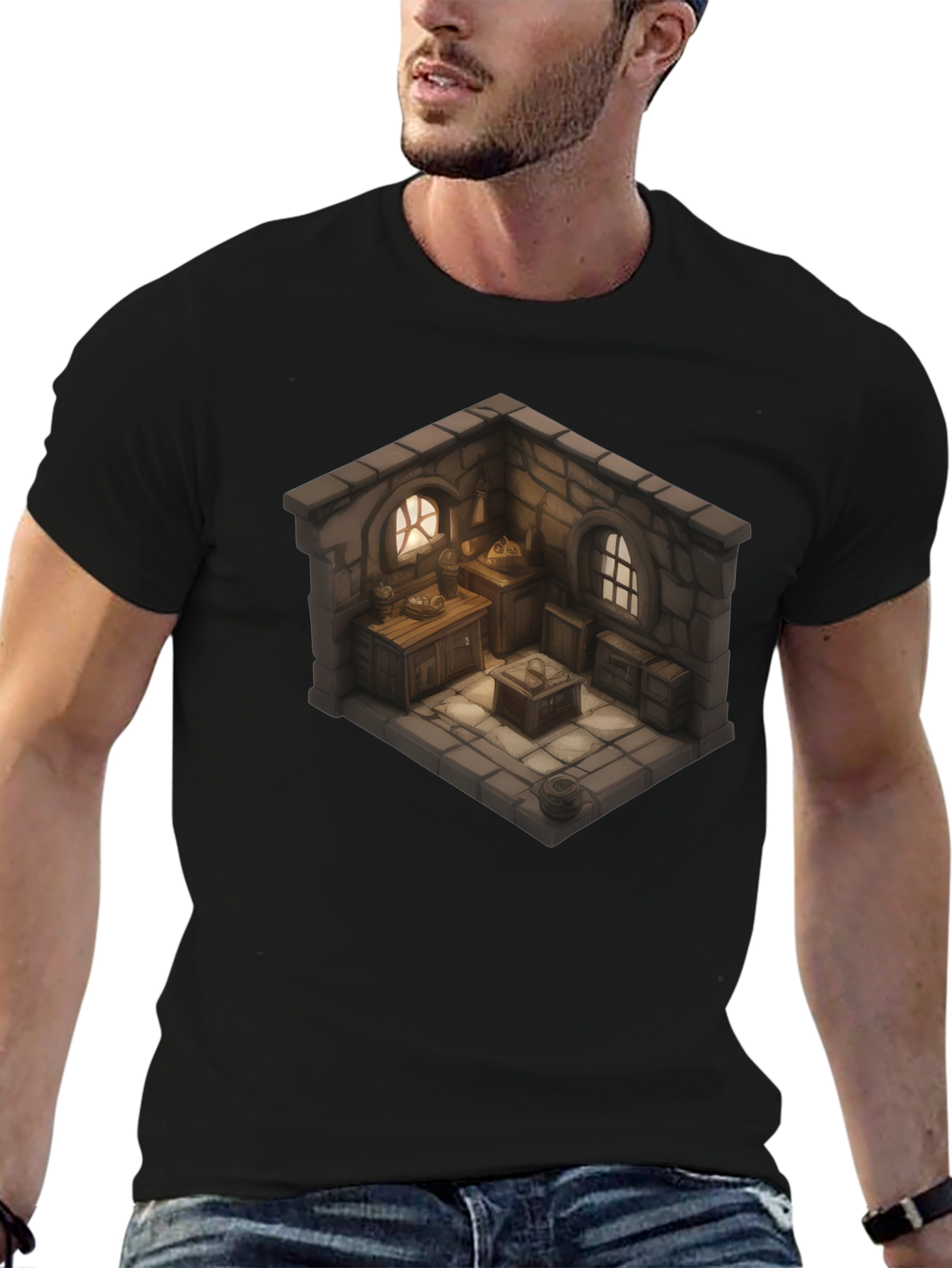 Black Isometric Medieval Room T-Shirt - Fantasy Decor Tee view 6
