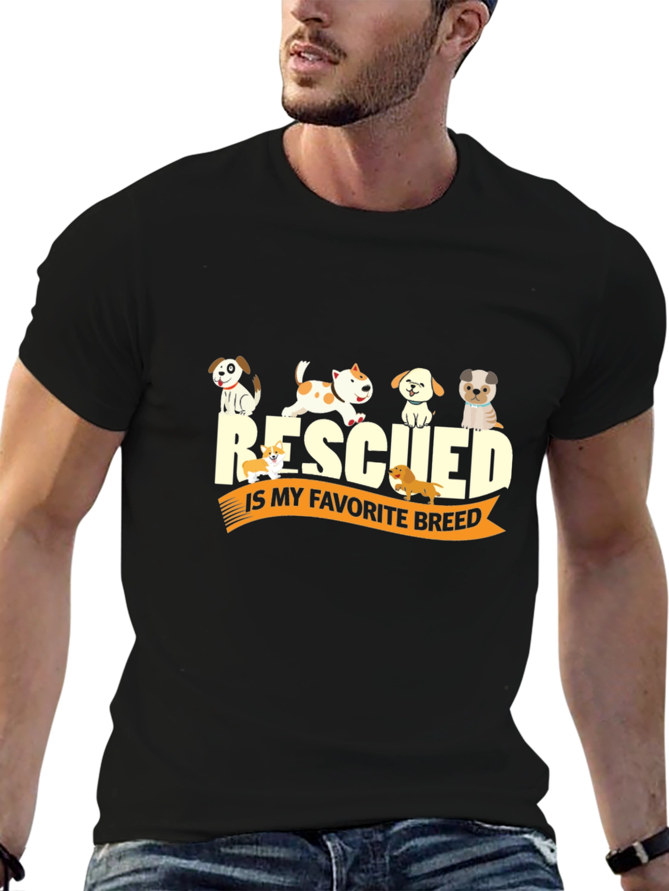 Black Rescued Is My Favorite Breed Black T-Shirt view 6