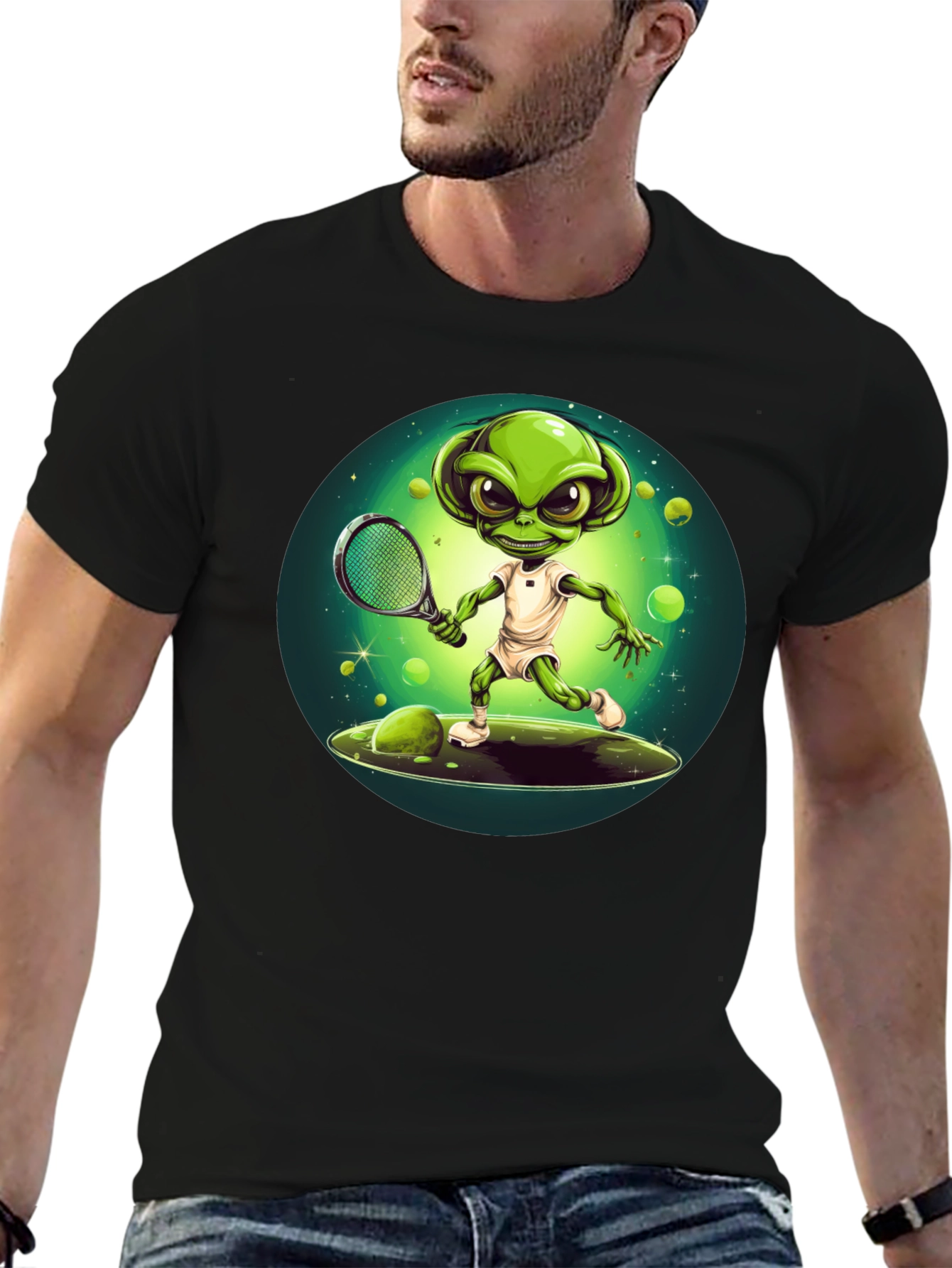 Black Alien Tennis Player T-Shirt - Funny Graphic Tee view 6