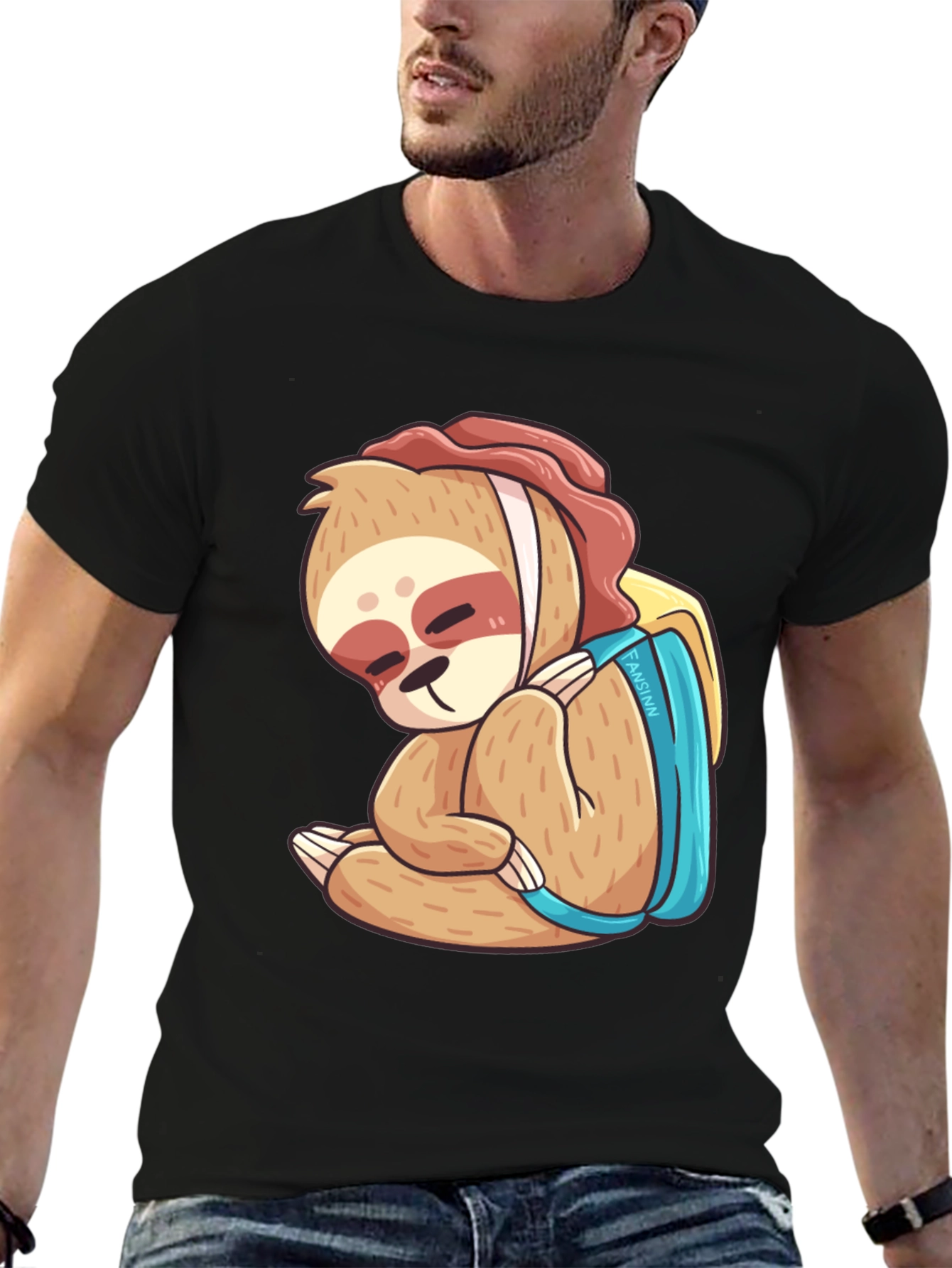 Black Sloth with Backpack Graphic T-Shirt view 6