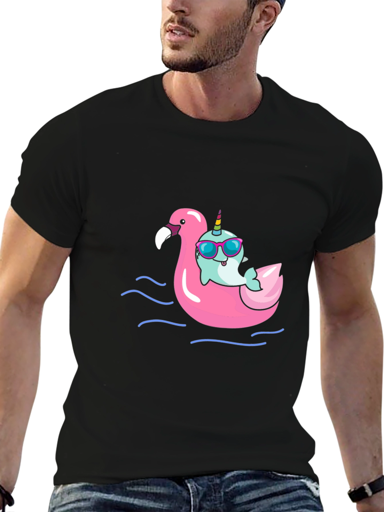 Black Narwhal on Flamingo Float Black T-Shirt view 6