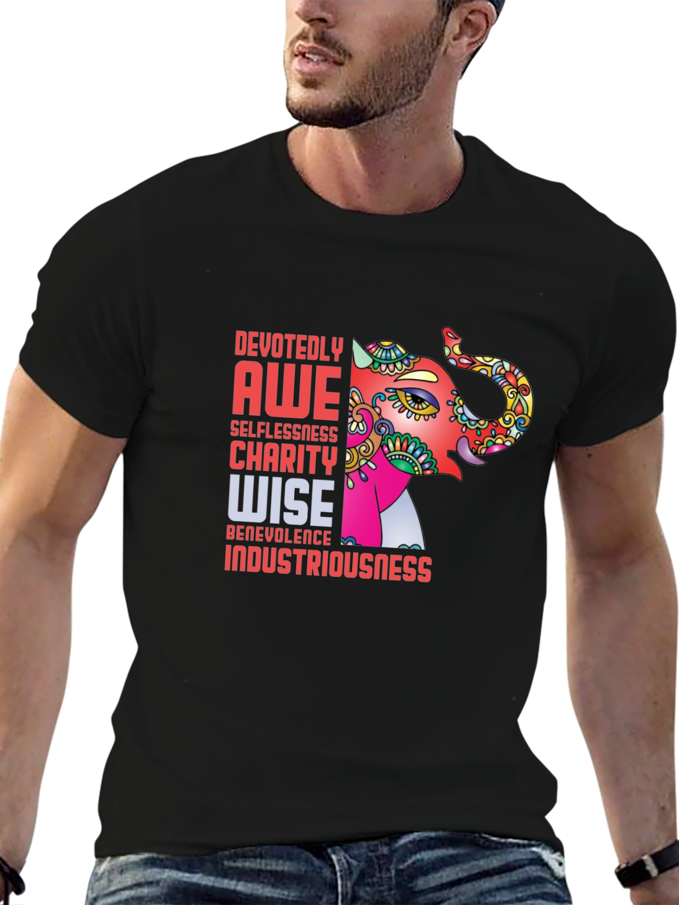Black Elephant Graphic T-Shirt - Devoted, Awe, Charity, Wise view 6