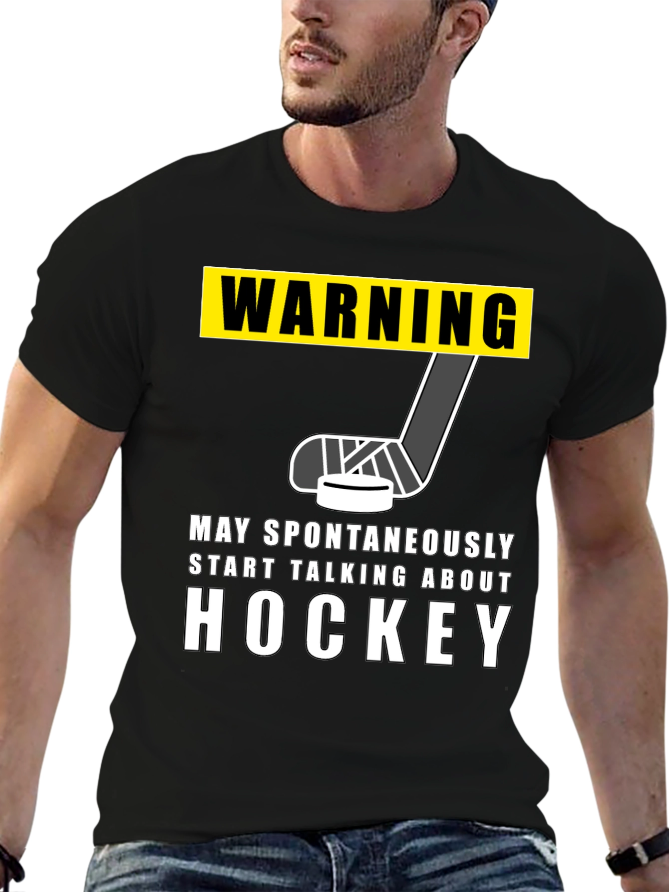 Black Warning Hockey T-Shirt - May Spontaneously Talk About Hockey view 6