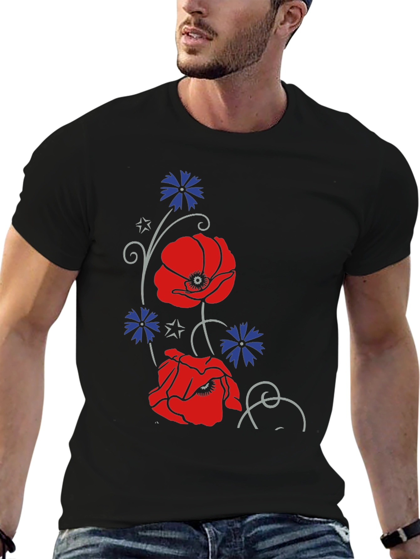 Black Floral Poppy & Cornflower Print Black T-Shirt view 6