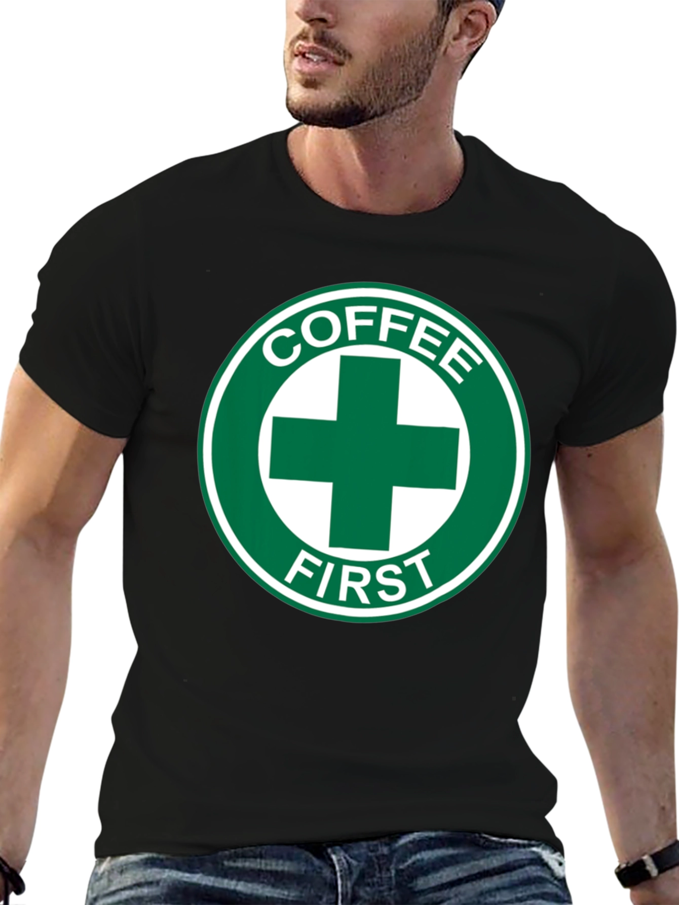 Black Coffee First T-Shirt - Green Cross Design view 6