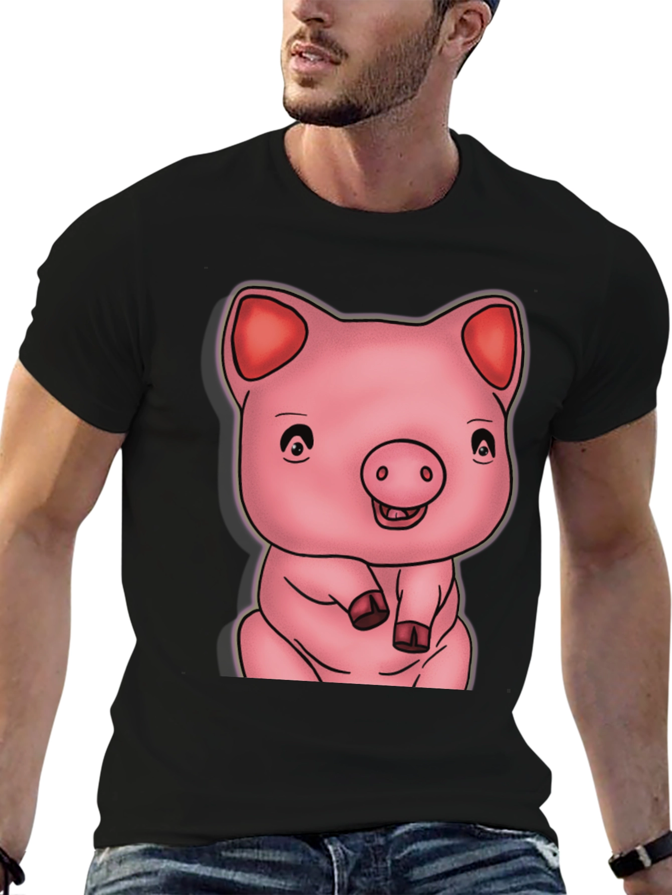 Black Cute Pig Graphic Black T-Shirt view 6