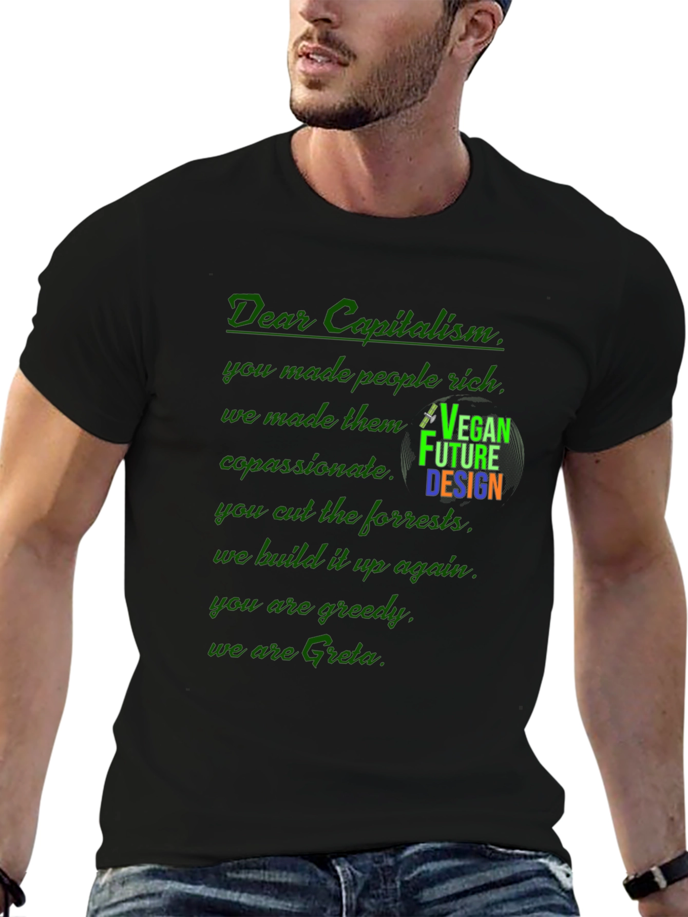 Black Vegan Future Design T-Shirt: Dear Capitalism Slogan Tee view 6