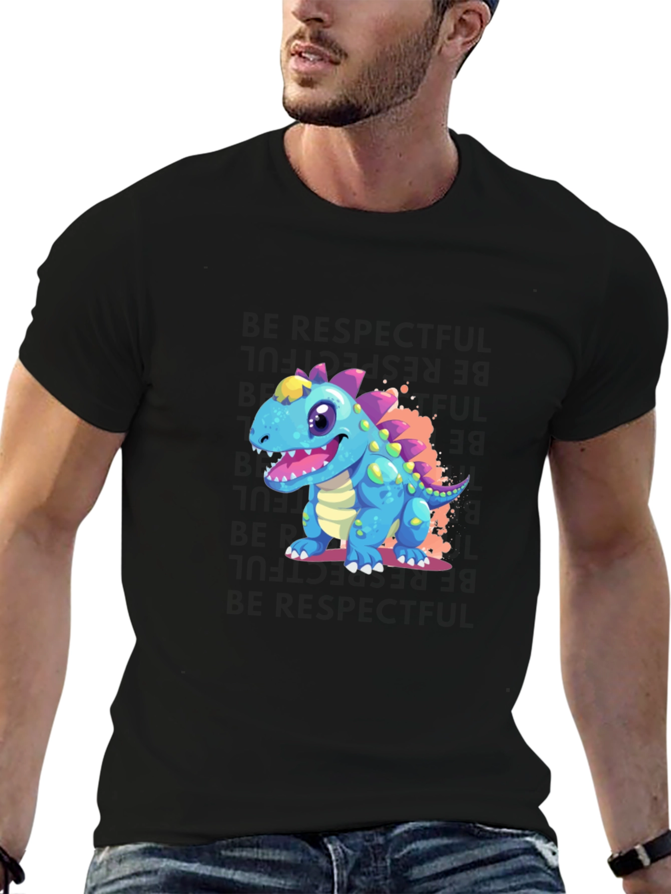 Black Cartoon Dinosaur Graphic Tee - Fun & Unique! view 6