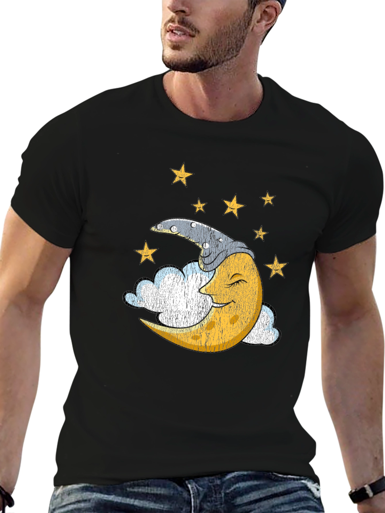Black Sleepy Moon Graphic T-Shirt - Dreamy Celestial Design view 6