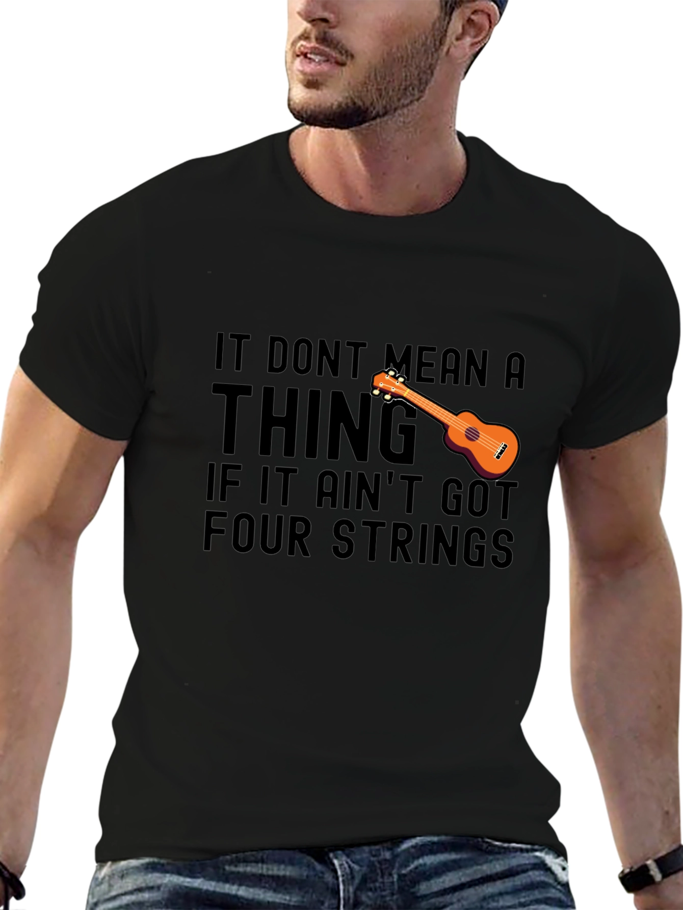 Black Ukulele T-Shirt: It Don't Mean a Thing, Four Strings view 6