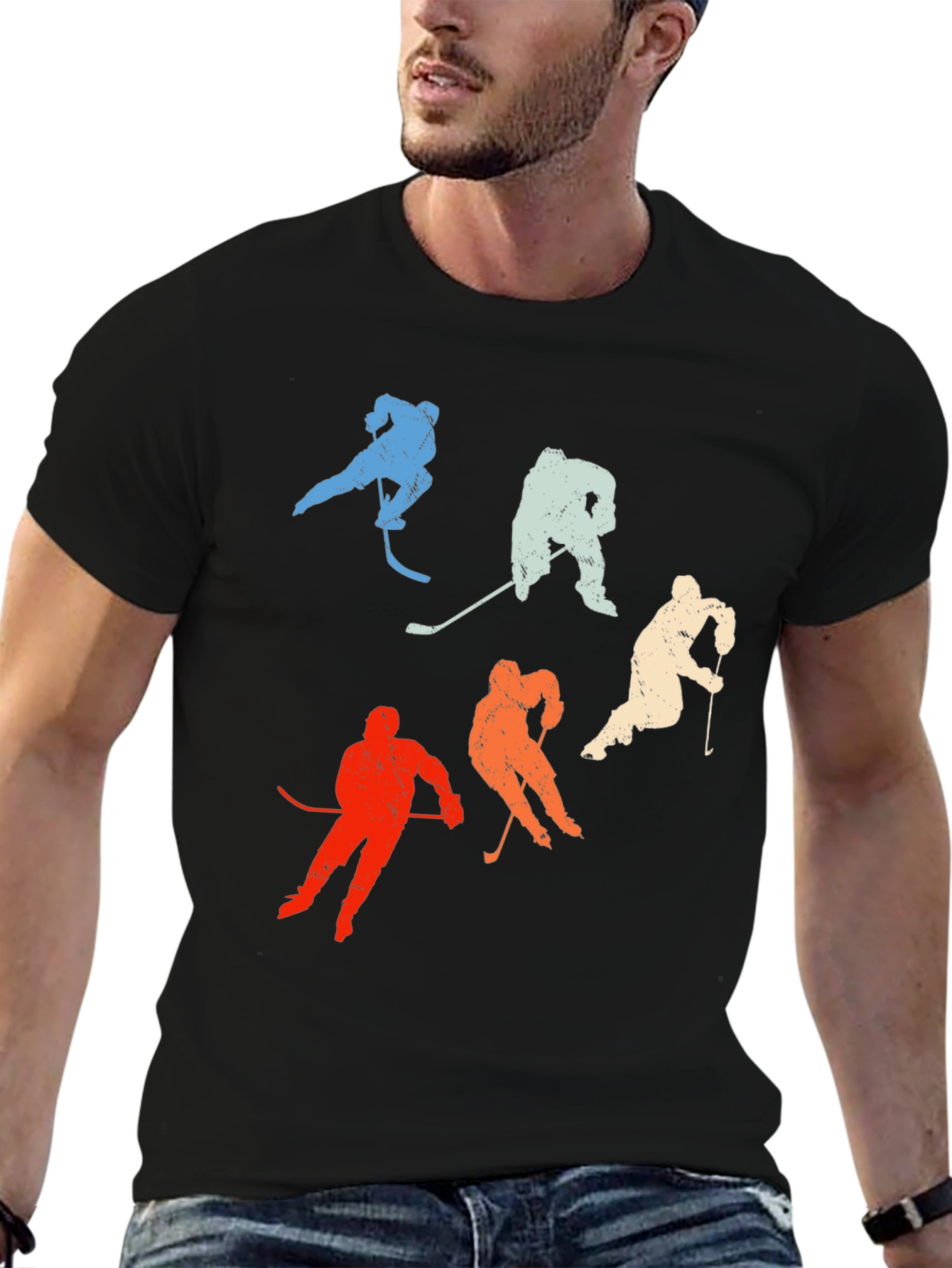 Black Retro Hockey Player T-Shirt - Vintage Style view 6
