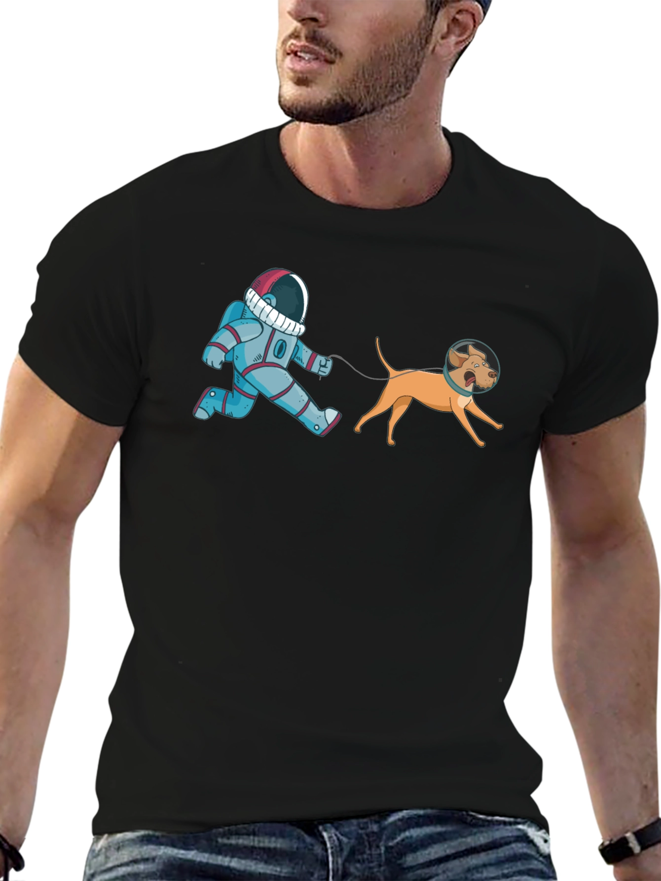 Black Astronaut Dog Walk T-Shirt - Space Adventure Tee view 6