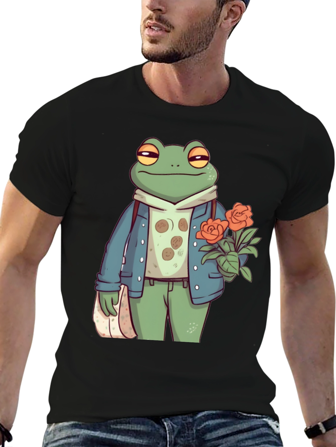 Black Stylish Frog with Flowers Graphic Tee view 6