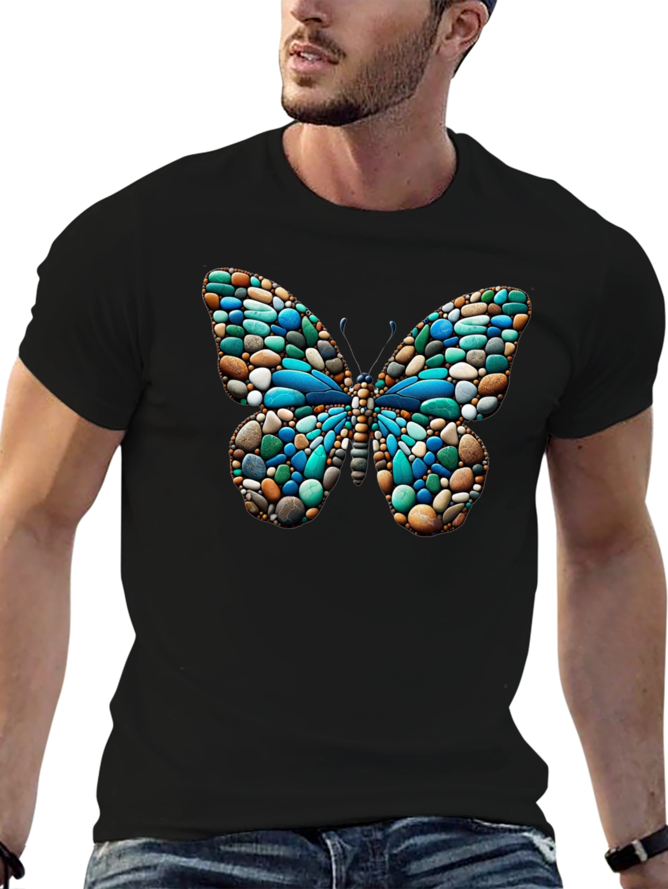 Black Butterfly Stone Pattern Black T-Shirt view 6