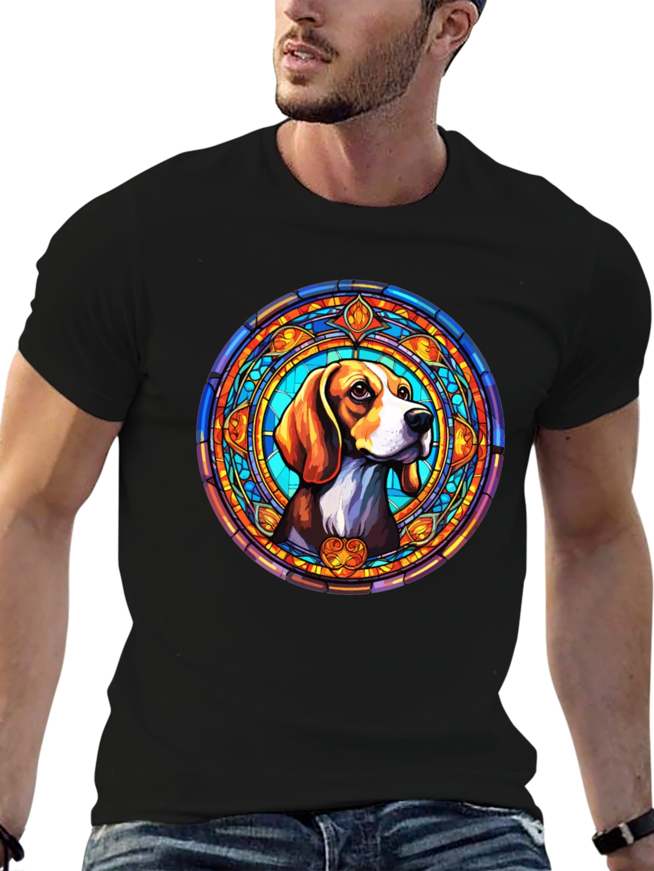 Black Stained Glass Beagle Dog Graphic T-Shirt view 6