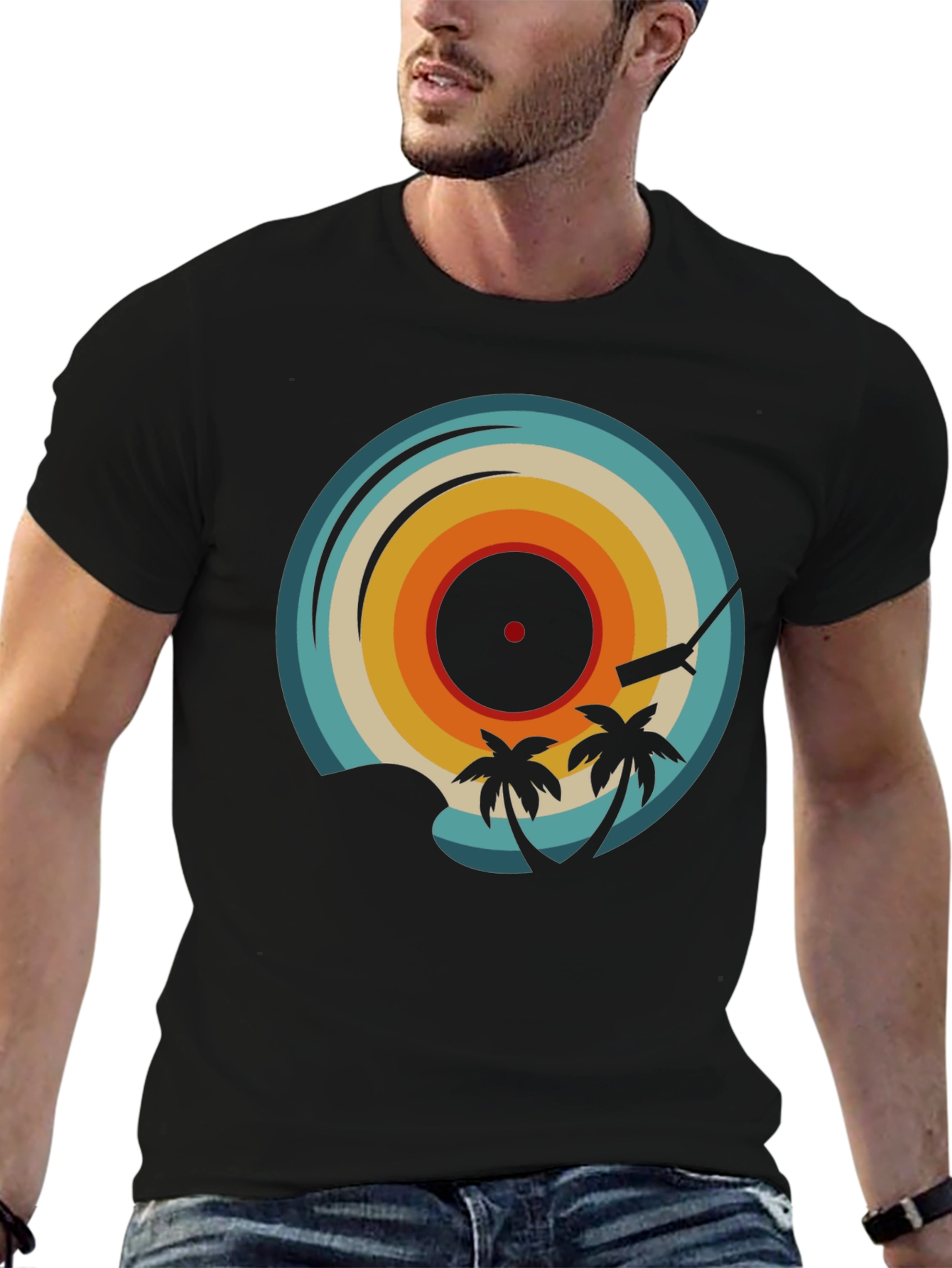 Black Retro Vinyl Record Palm Tree Graphic Tee view 6
