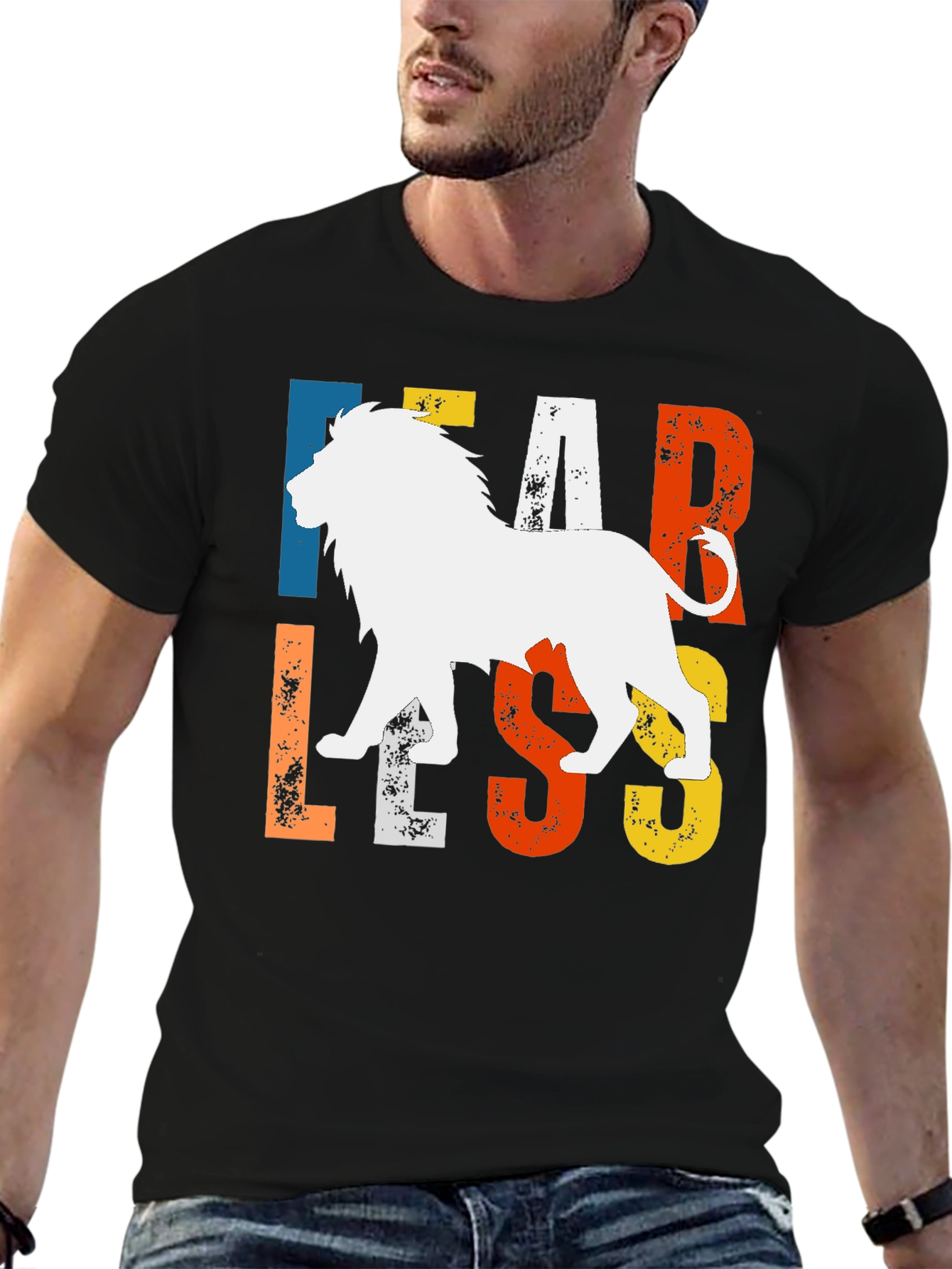 Black Fearless Lion Graphic Tee - Bold Animal Print T-Shirt view 6