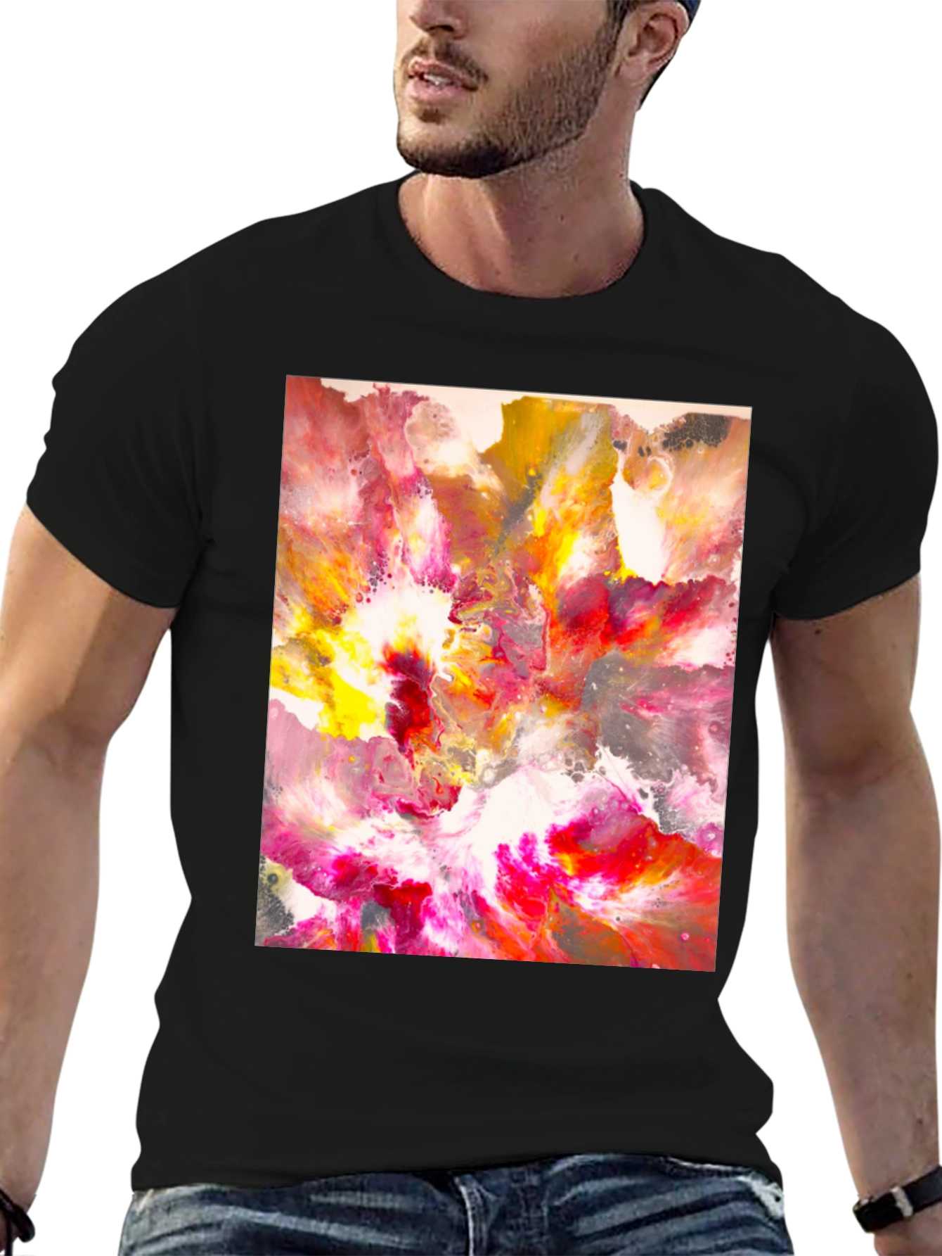 Black Abstract Art Tee - Vibrant Colors, Unique Design view 6