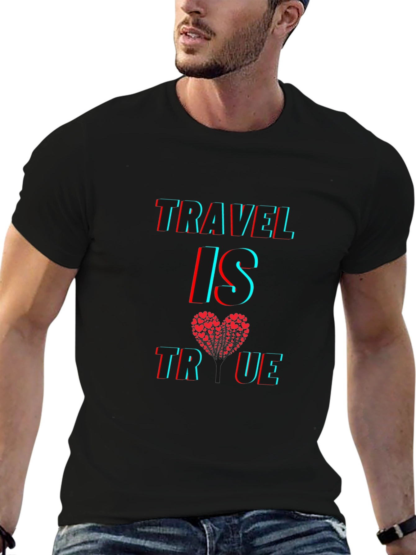 Black Travel Is True Heart Graphic Tee - Soft Cotton Blend view 6