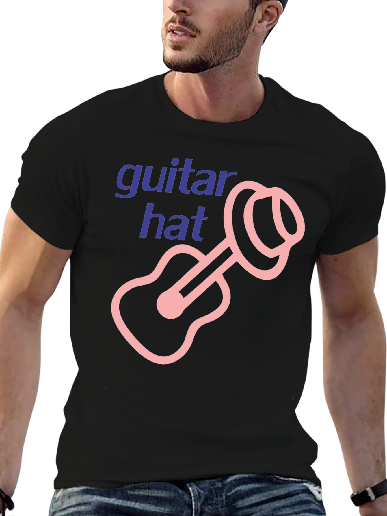 Black Guitar Hat Graphic Tee - Black Cotton T-Shirt view 6