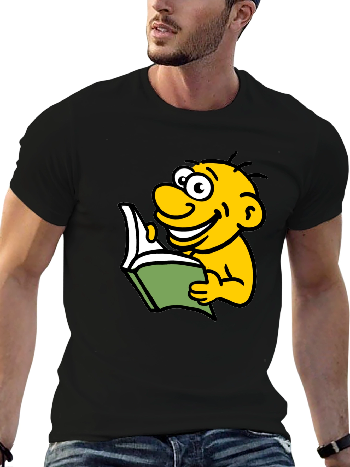 Black Cartoon Character Reading T-Shirt view 6