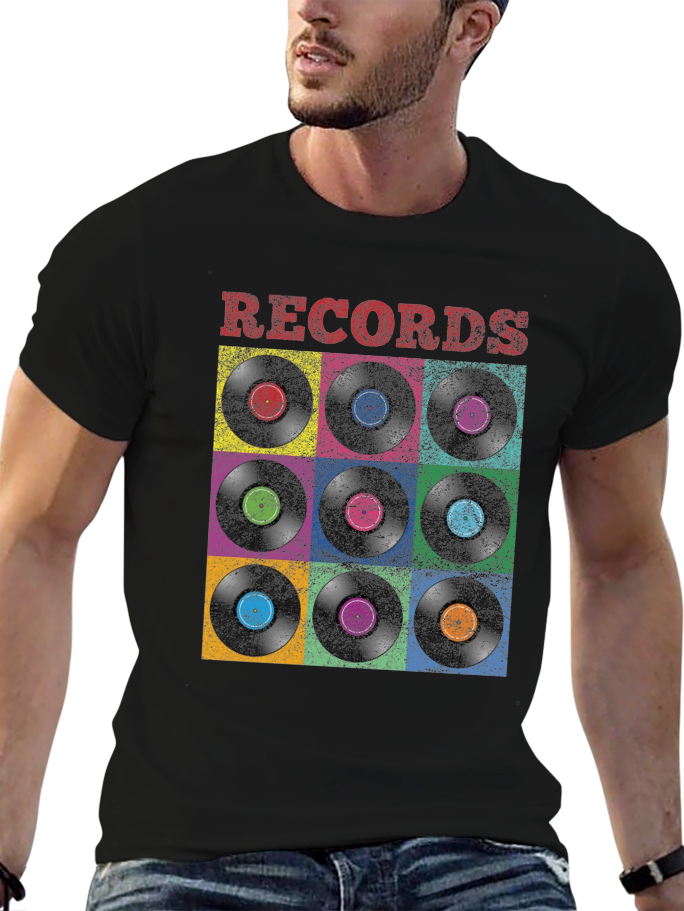 Black Retro Vinyl Record Graphic T-Shirt view 6