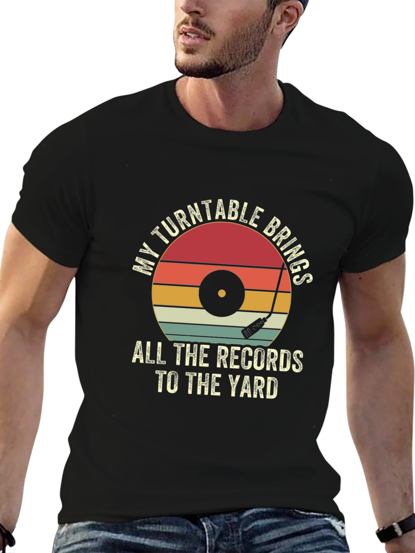 Black Retro Turntable Music T-Shirt view 6