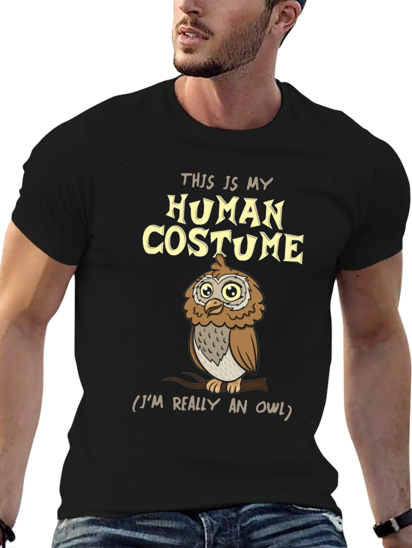 Black Human Costume Owl T-Shirt - Funny Halloween Tee view 6