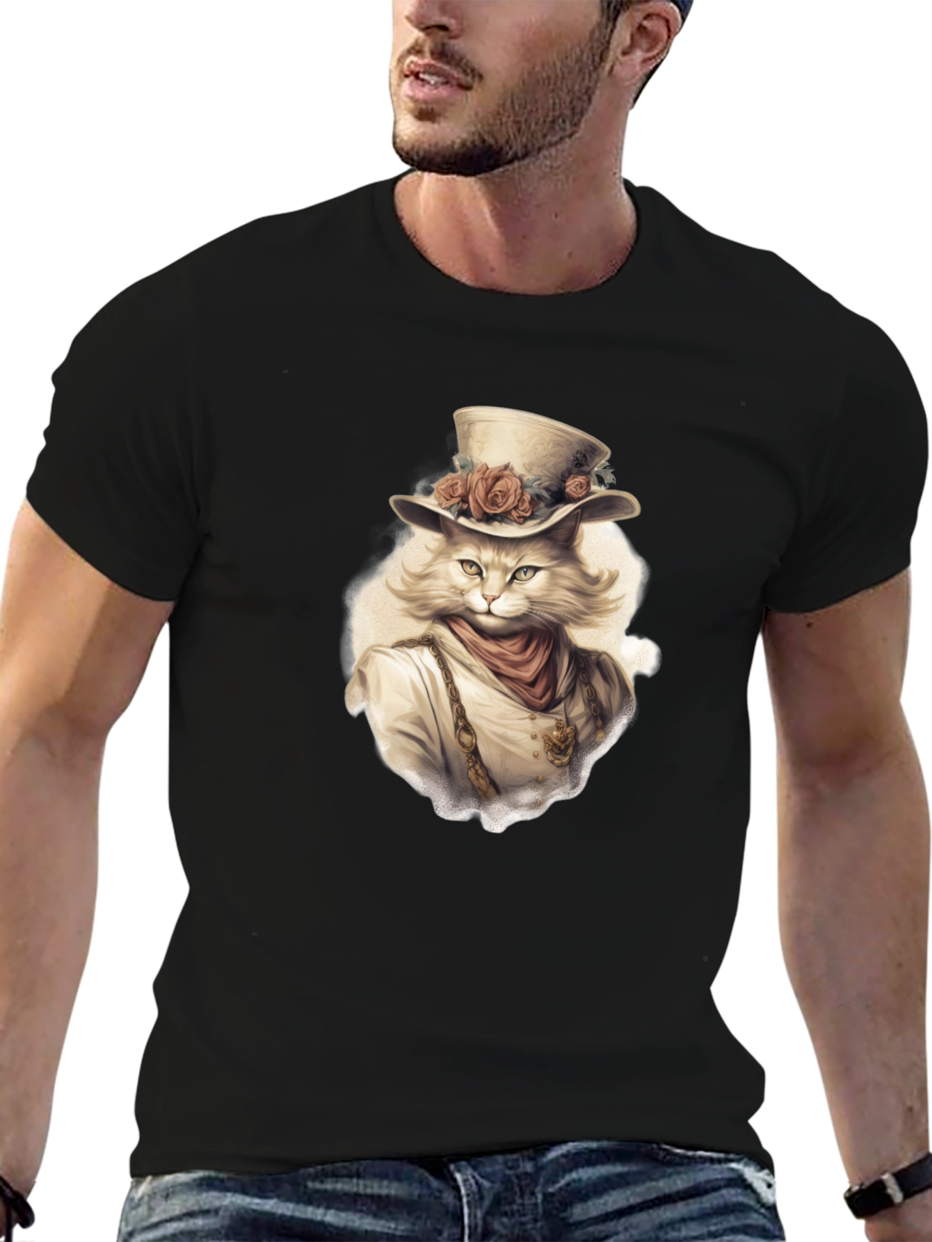 Black Steampunk Cat Graphic Tee - Unique Design view 6