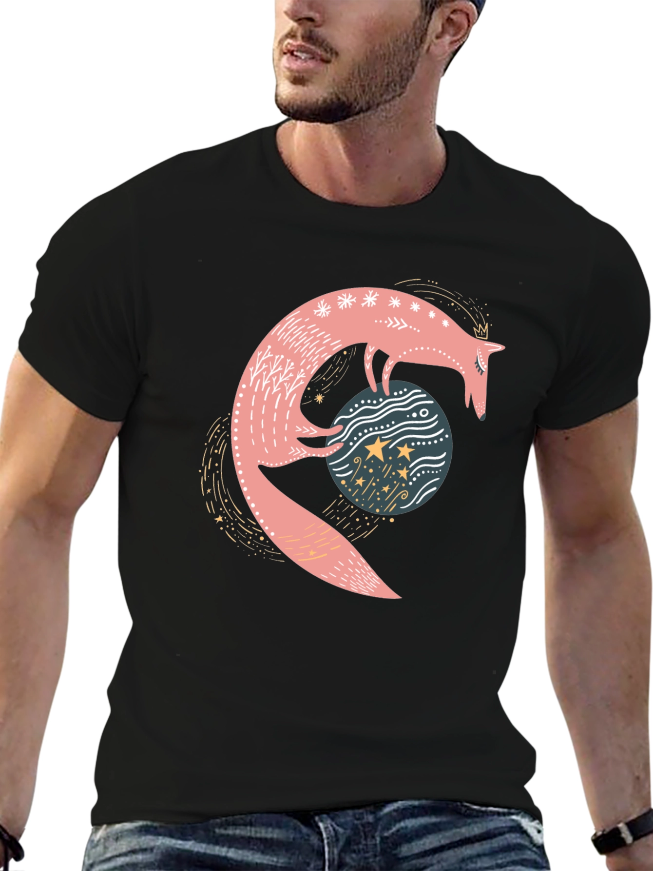 Black Whimsical Fox & Planet Black T-Shirt view 6