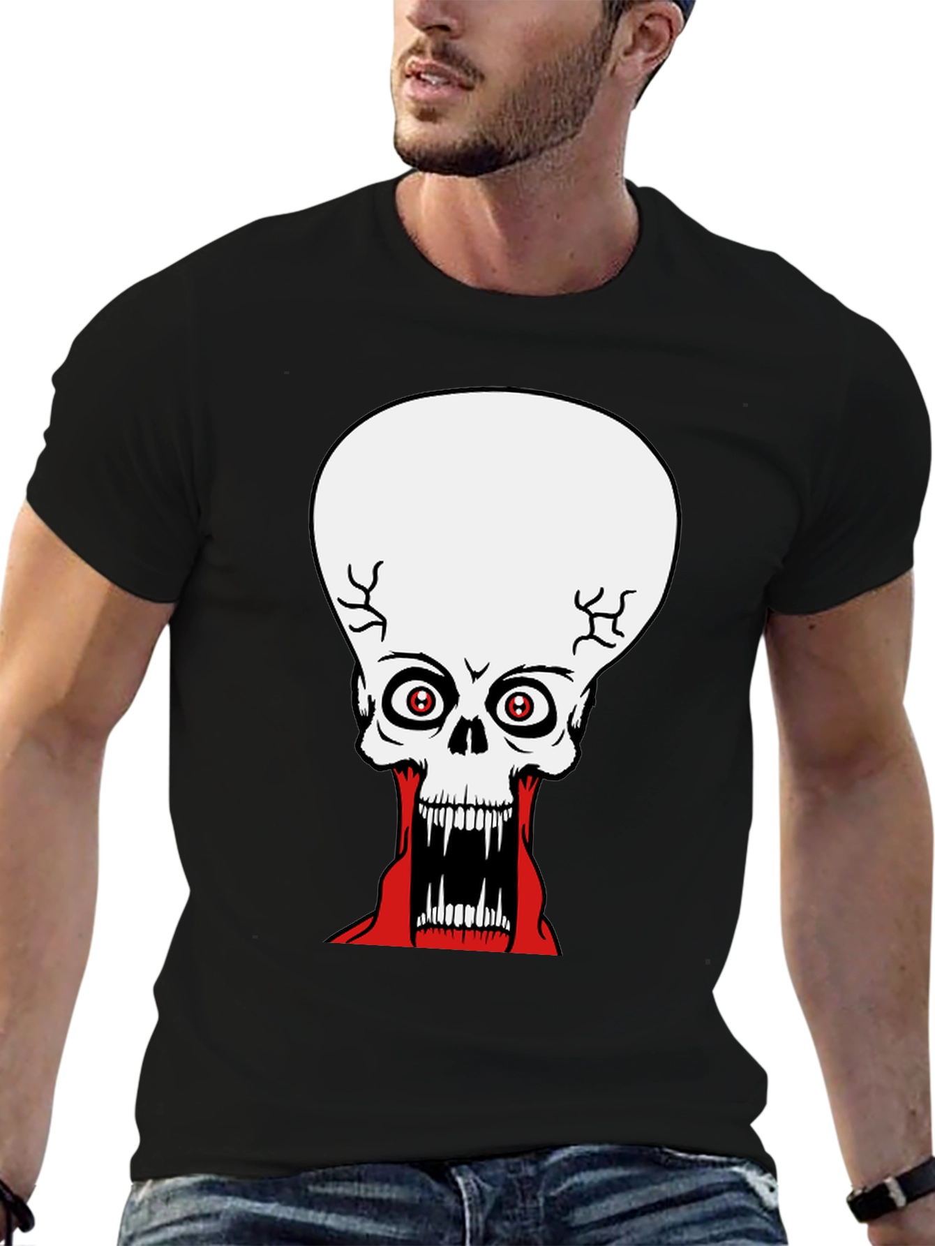 Black Creepy Skull Graphic Print Black T-Shirt view 6