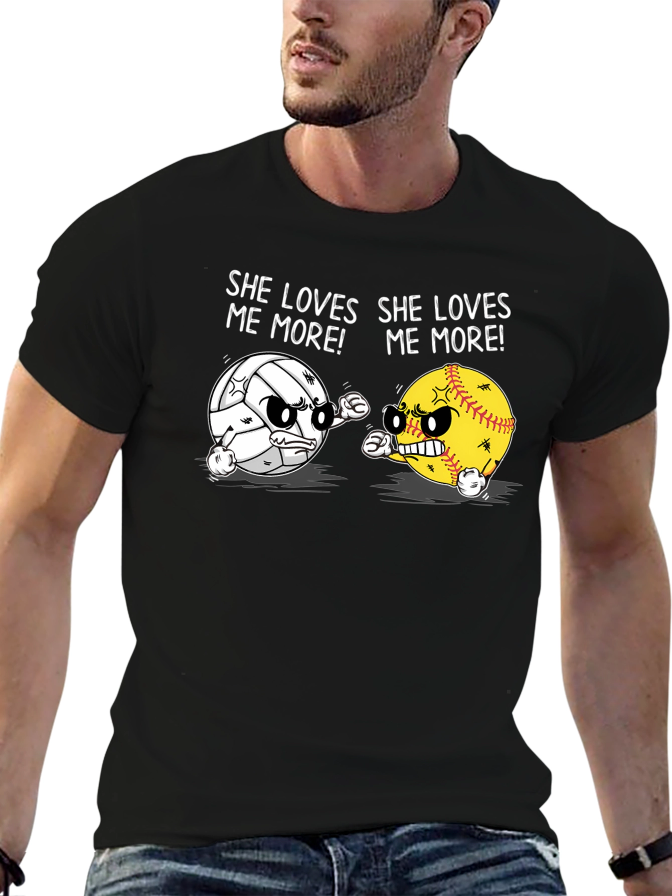 Black She Loves Me More T-Shirt: Volleyball vs Softball Funny Tee view 6