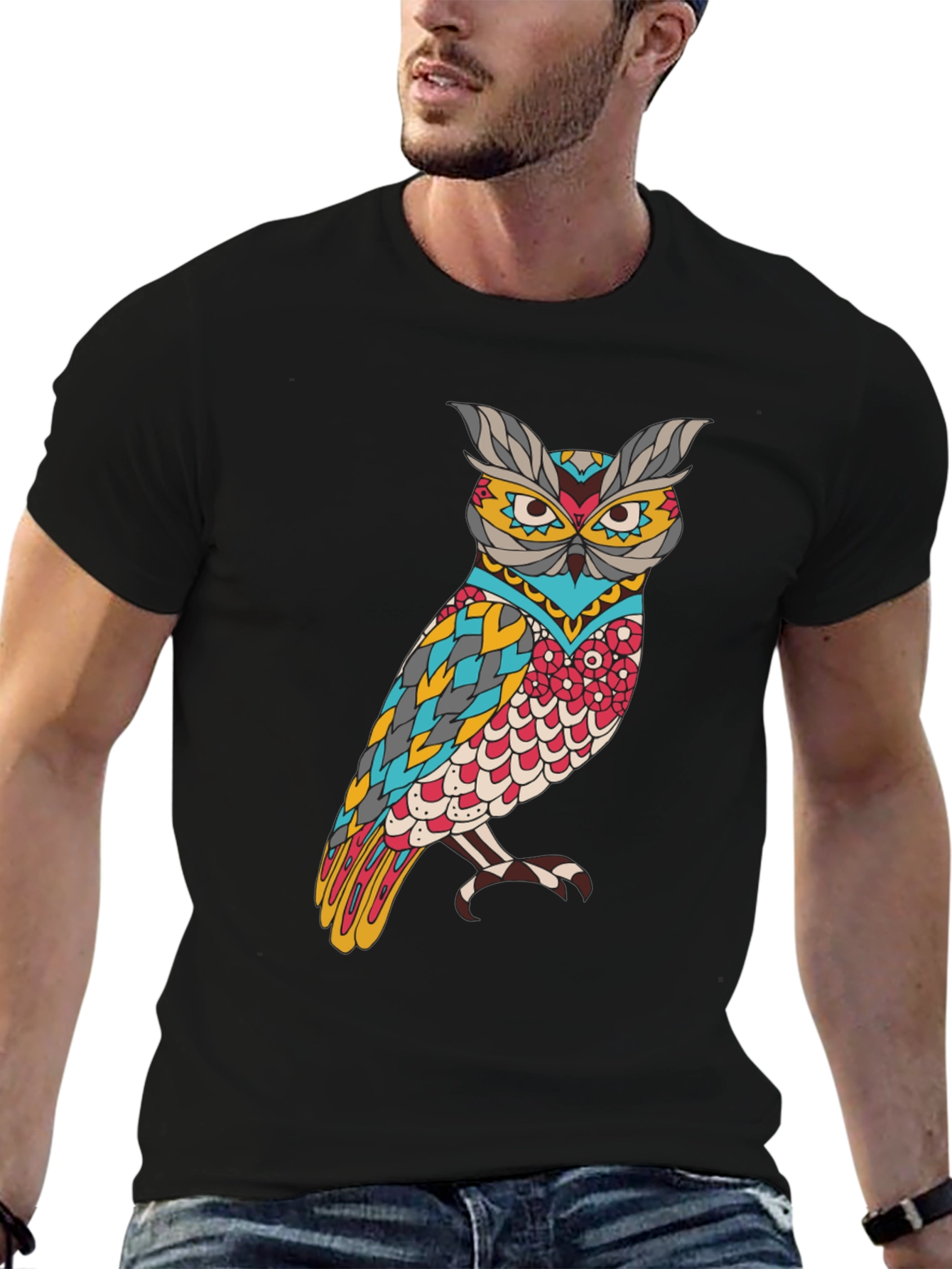 Black Owl Graphic Print Men's Black T-Shirt view 6