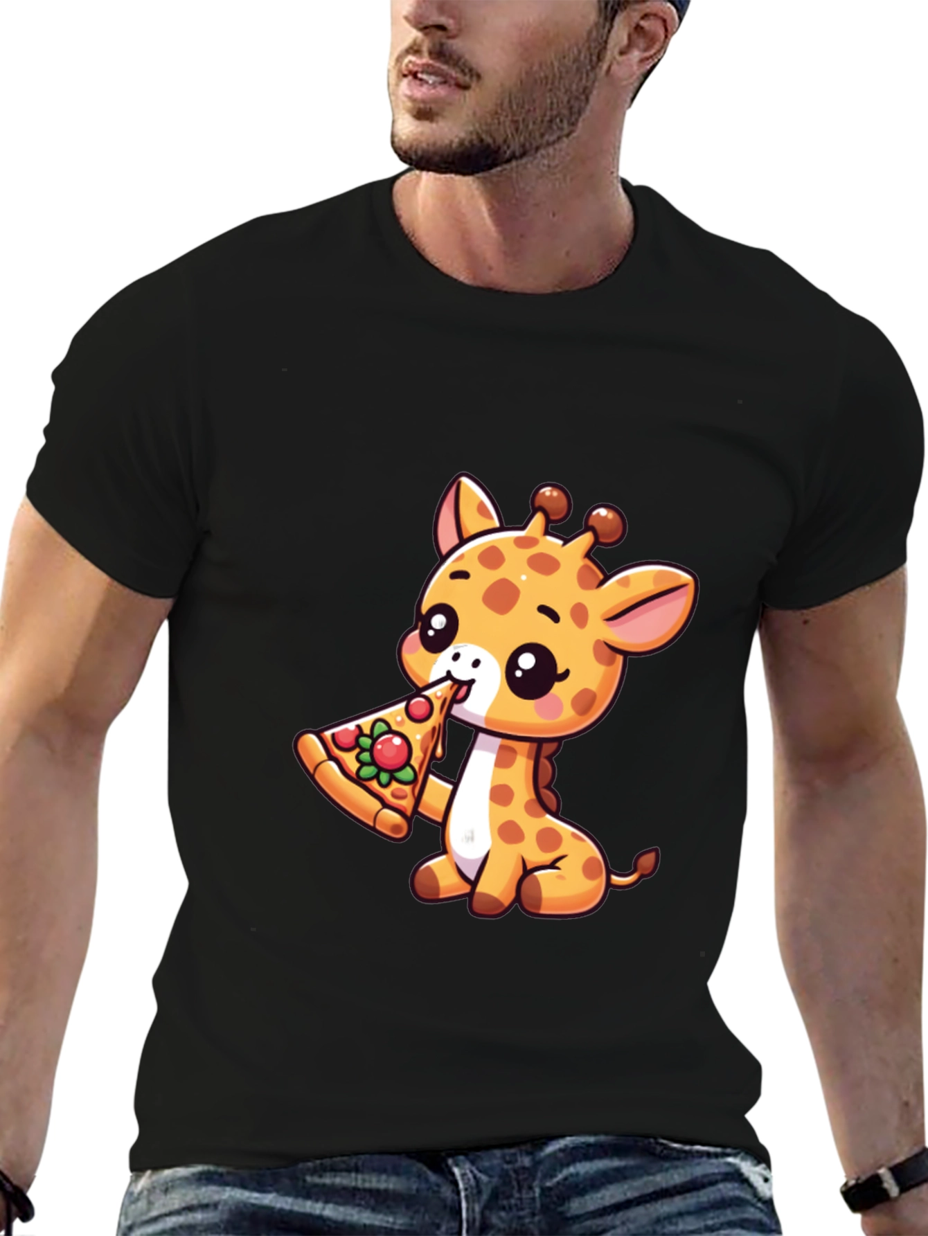 Black Cute Giraffe Pizza Lover T-Shirt view 6