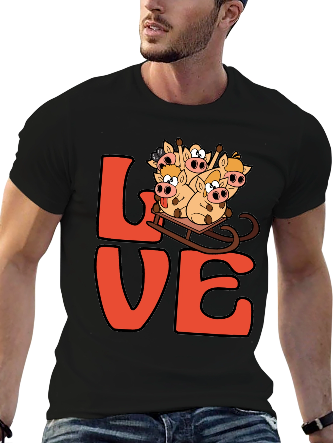 Black Love Pig Sled Black T-Shirt view 6