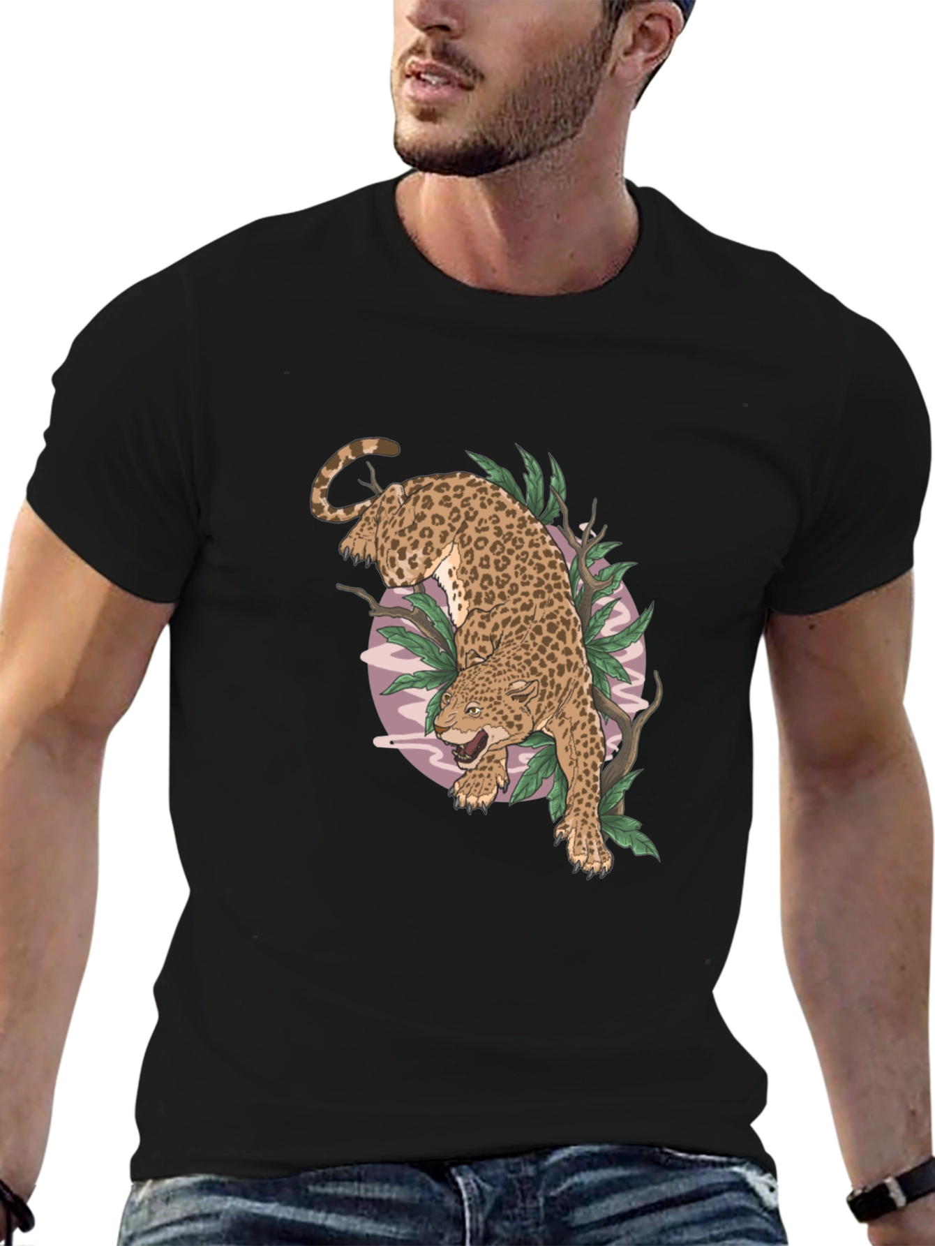Black Leopard Graphic Print Black T-Shirt view 6