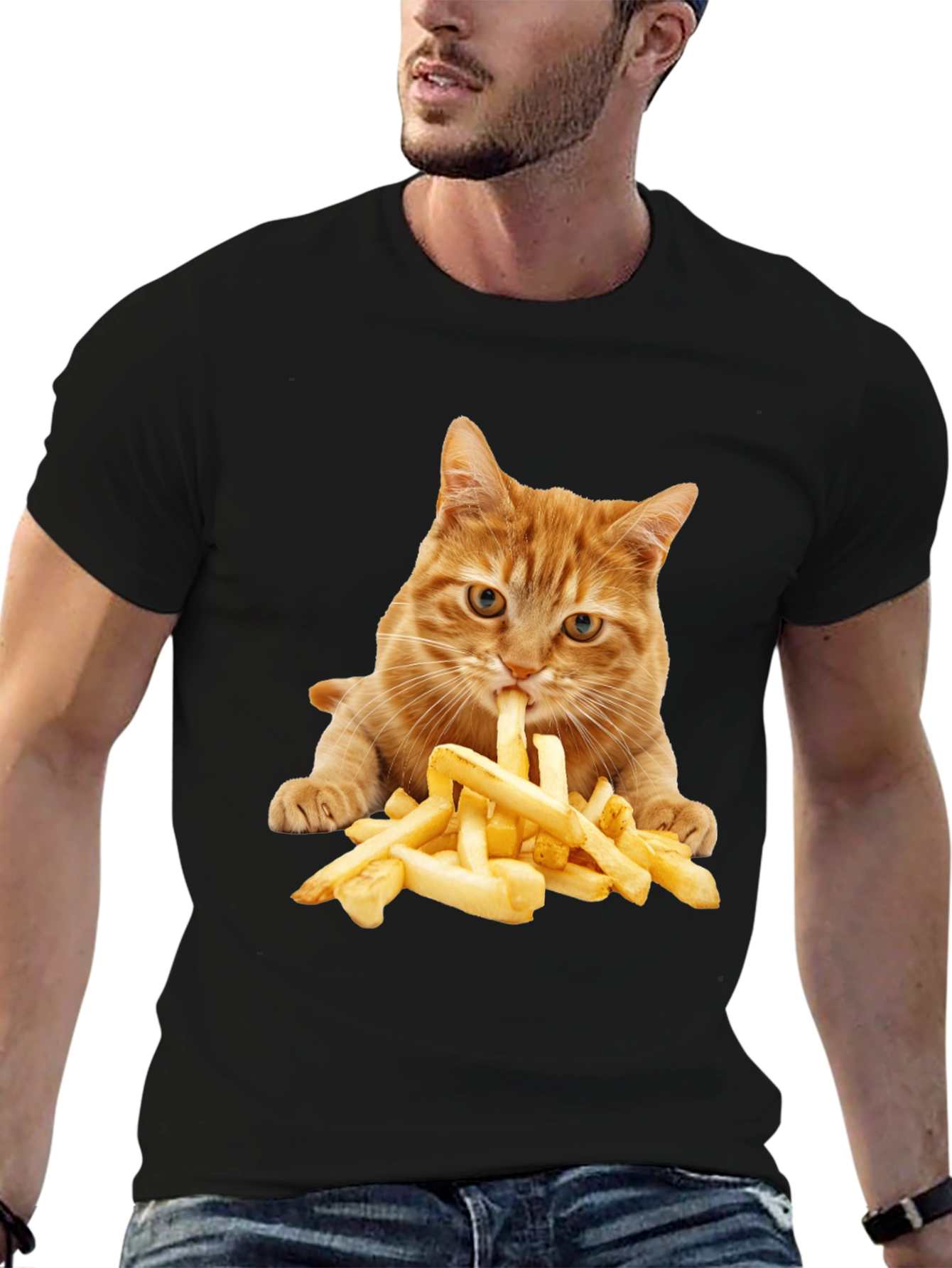 Black Cat Eating Fries Graphic Tee - Unisex T-Shirt view 6
