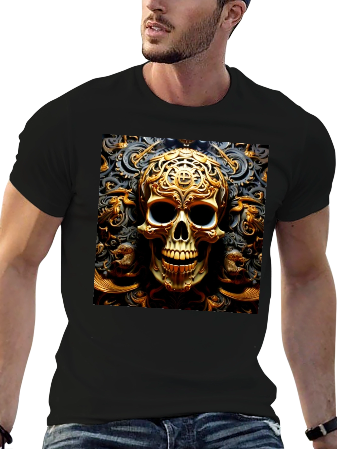 Black Ornate Gold Skull Graphic Tee view 6