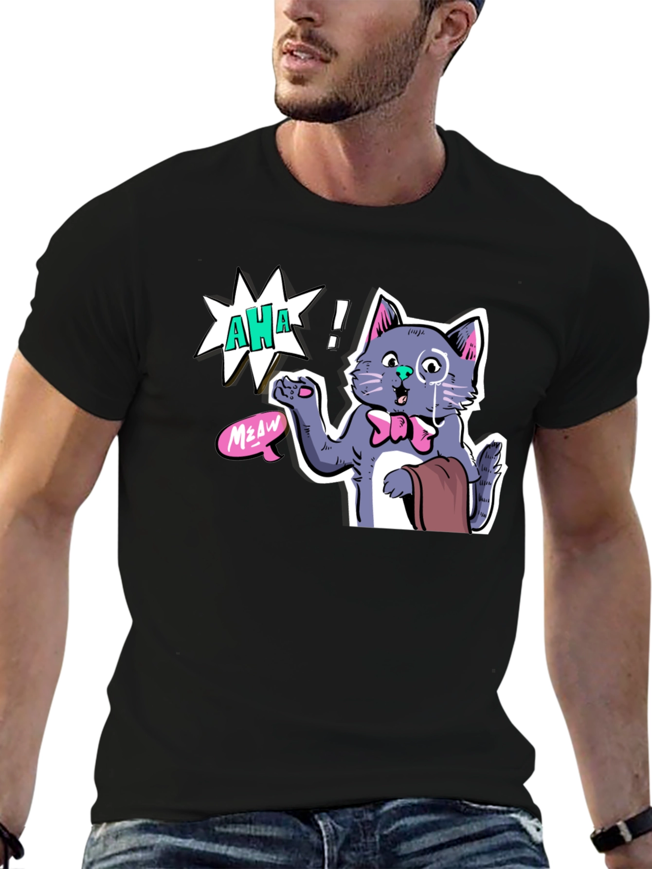 Black AHA! Monocled Cat Tee - Quirky Cartoon Style view 6