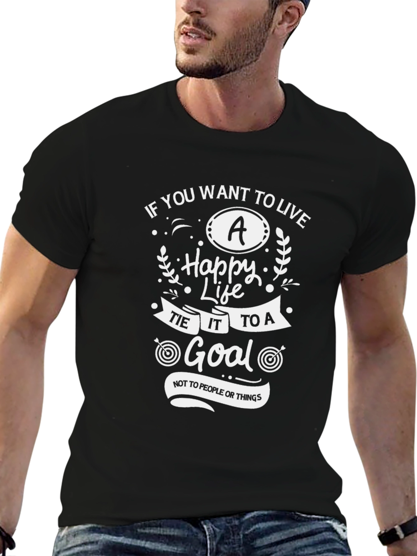 Black Motivational T-Shirt: Live a Happy Life, Set a Goal view 6