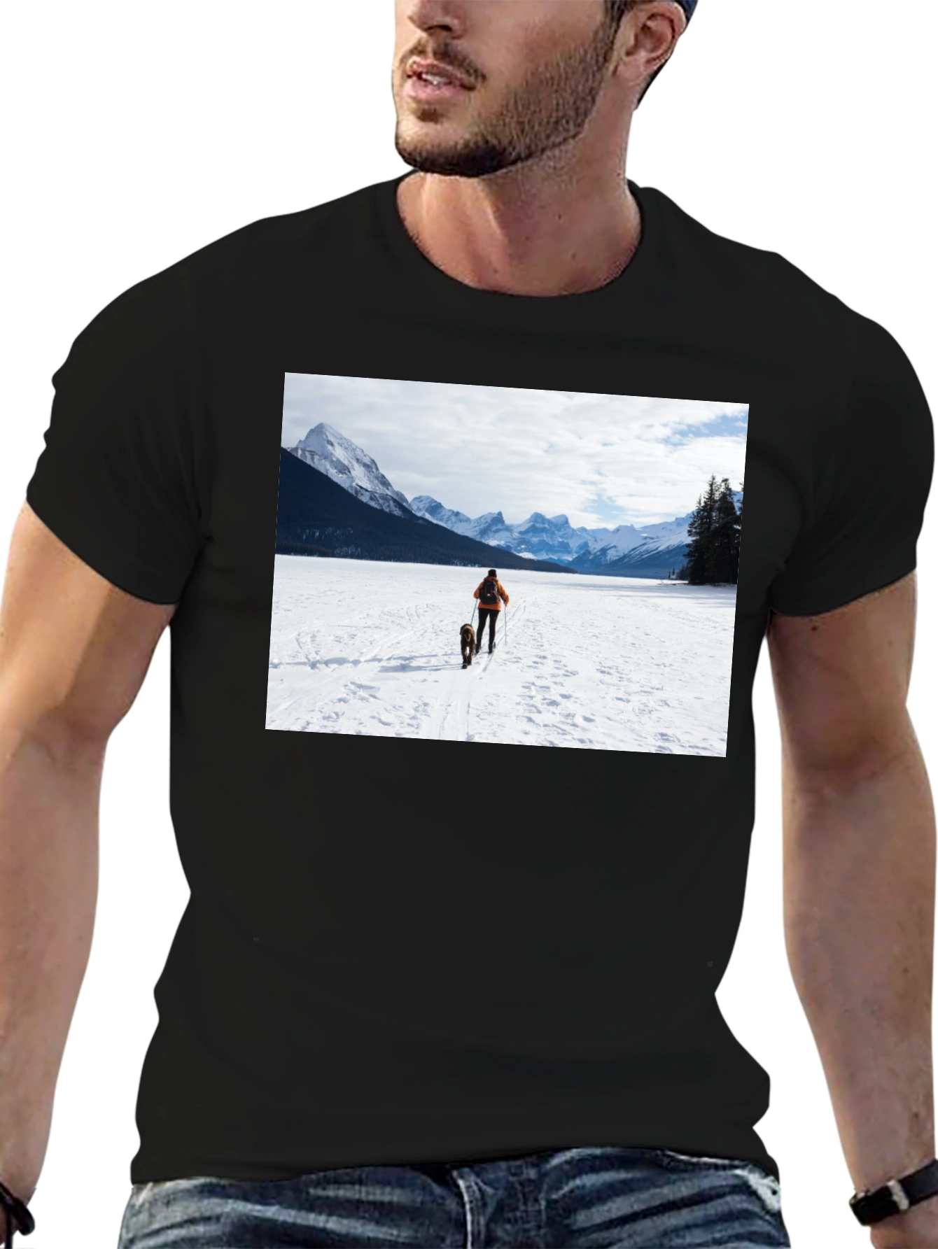 Black Winter Adventure T-Shirt: Skier & Dog Graphic Tee view 6