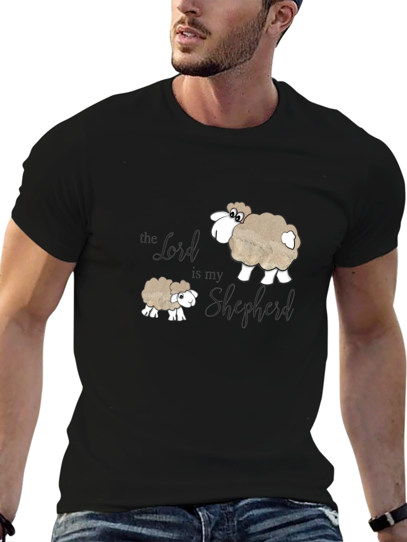 Black The Lord is my Shepherd T-Shirt - Sheep Design view 6