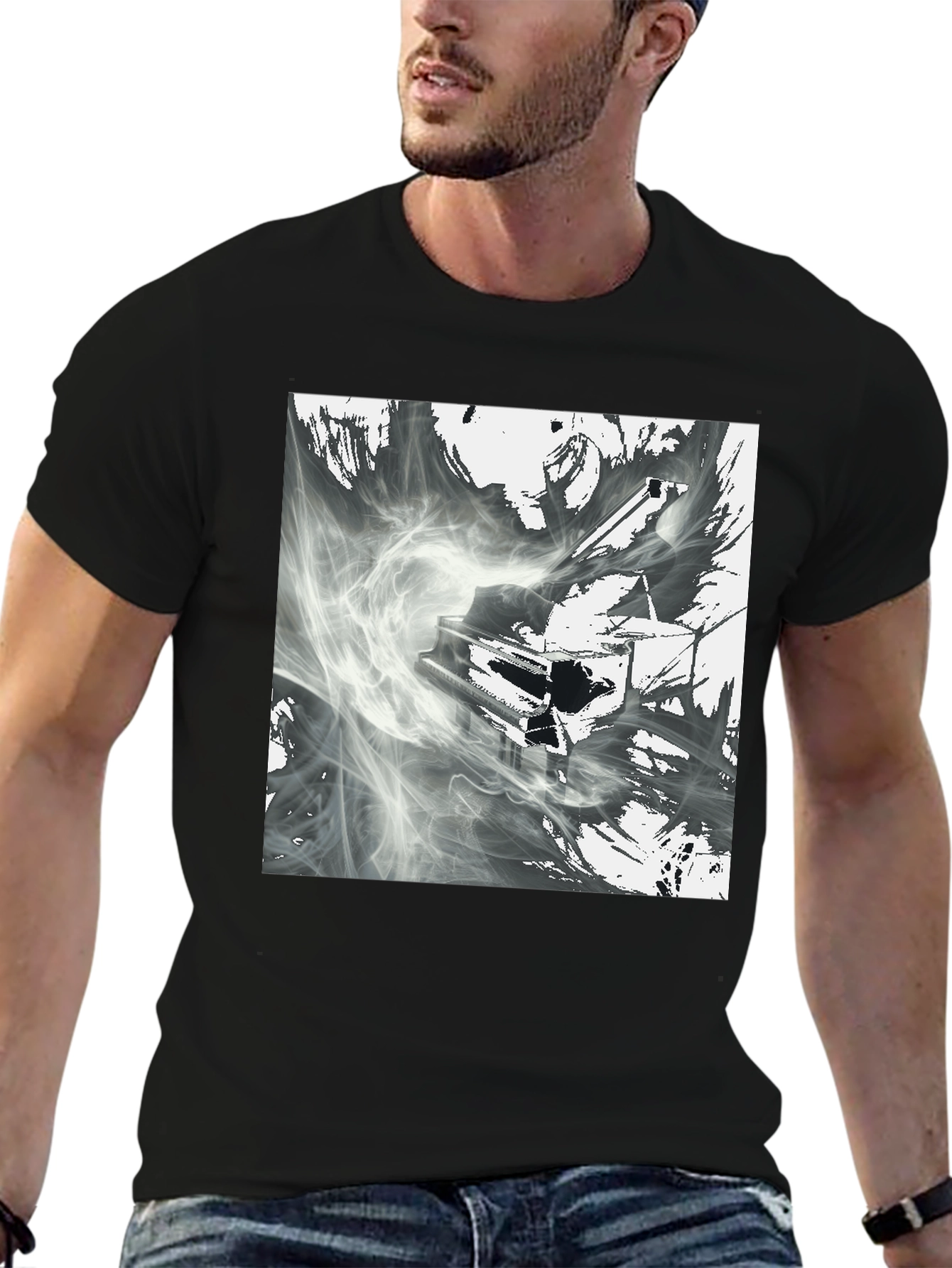 Black Abstract Piano T-Shirt - Artistic Graphic Tee view 6