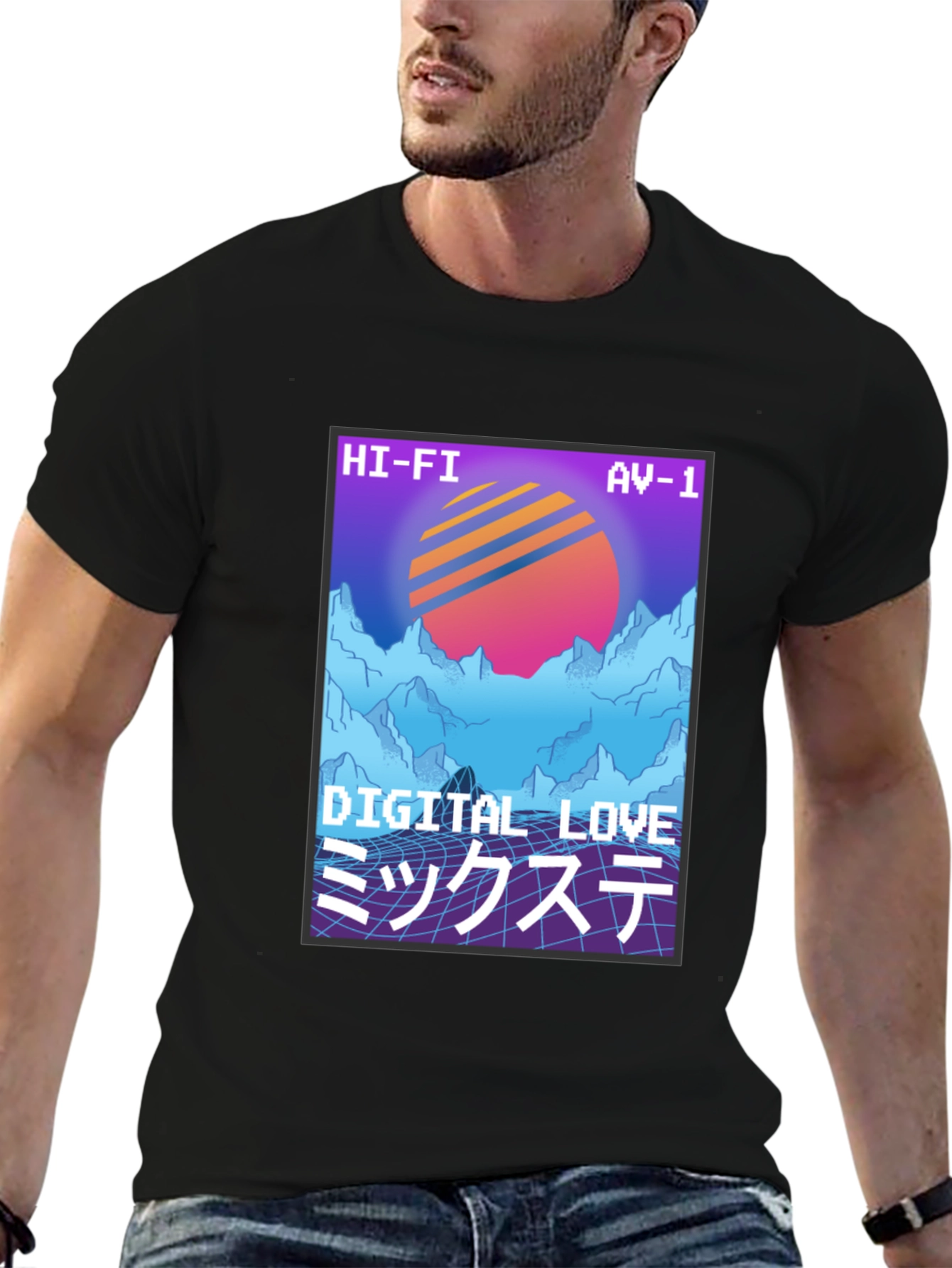 Black Retro Digital Love T-Shirt - 80s Synthwave Style view 6