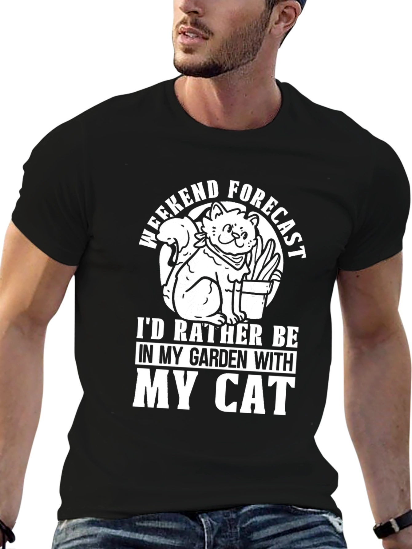 Black Cat Garden Weekend Forecast Black T-Shirt view 6