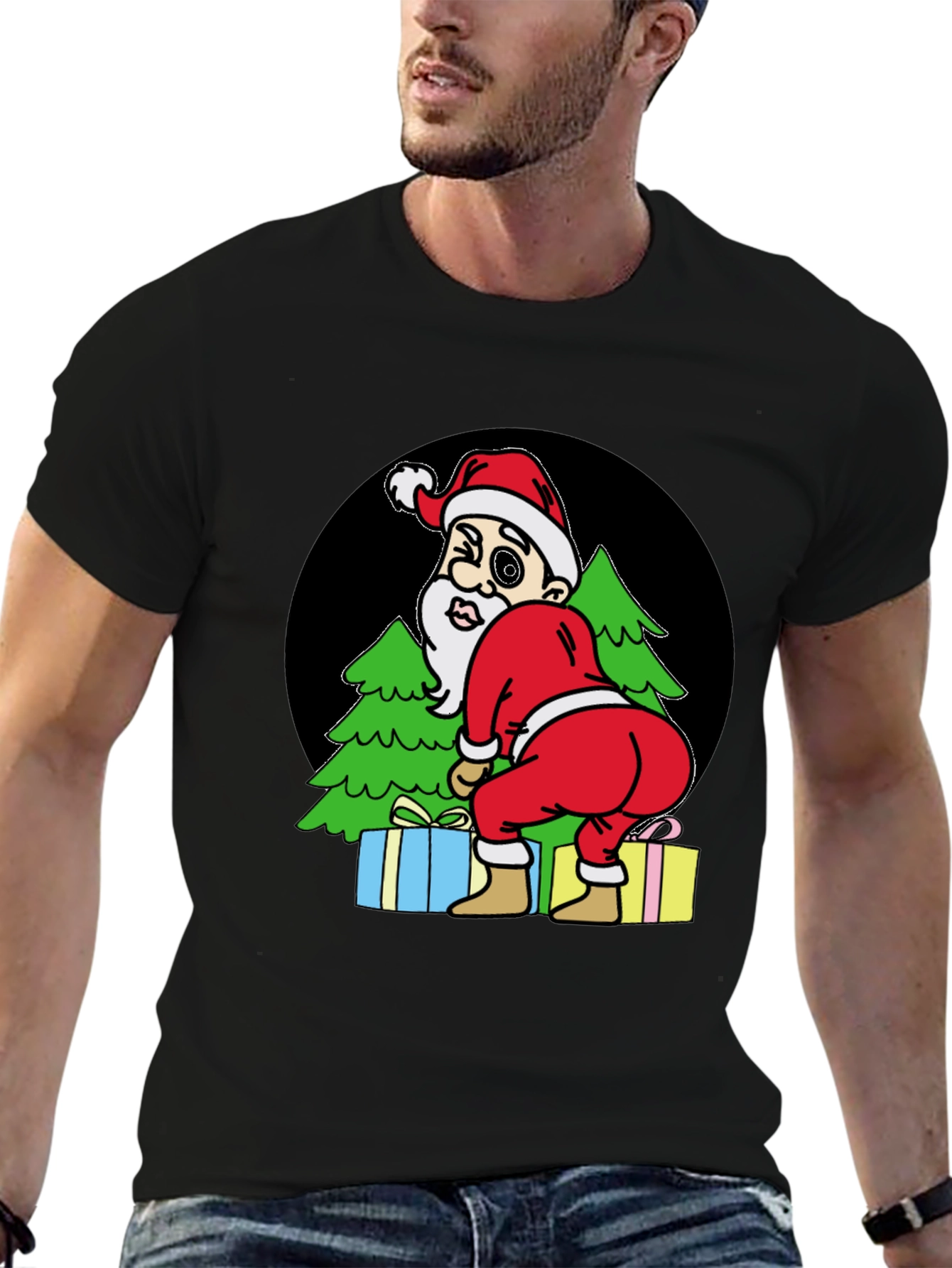Black Funny Santa T-Shirt - Cheeky Christmas Tee view 6