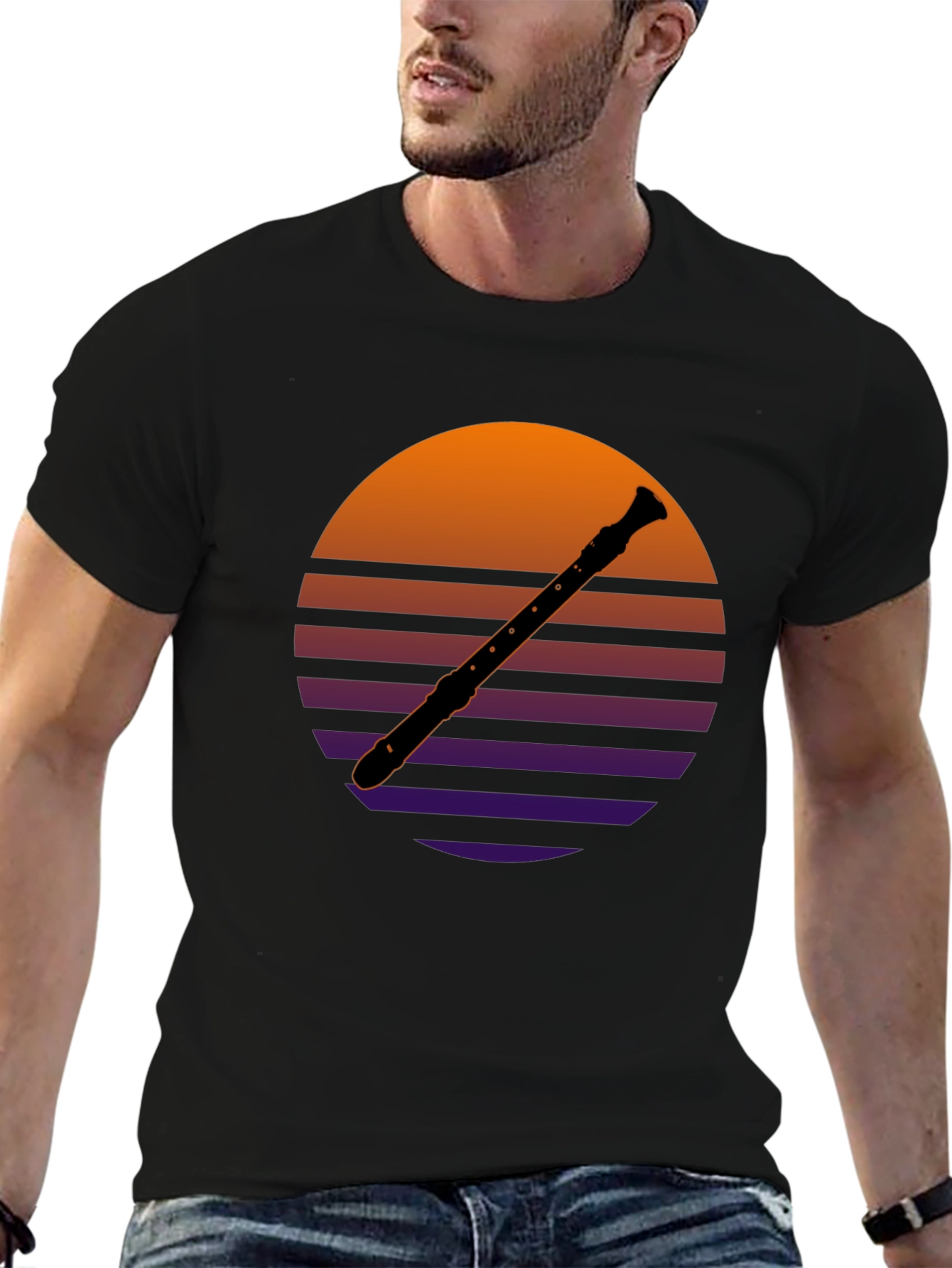 Black Retro Recorder T-Shirt - Vintage Sunset Design view 6